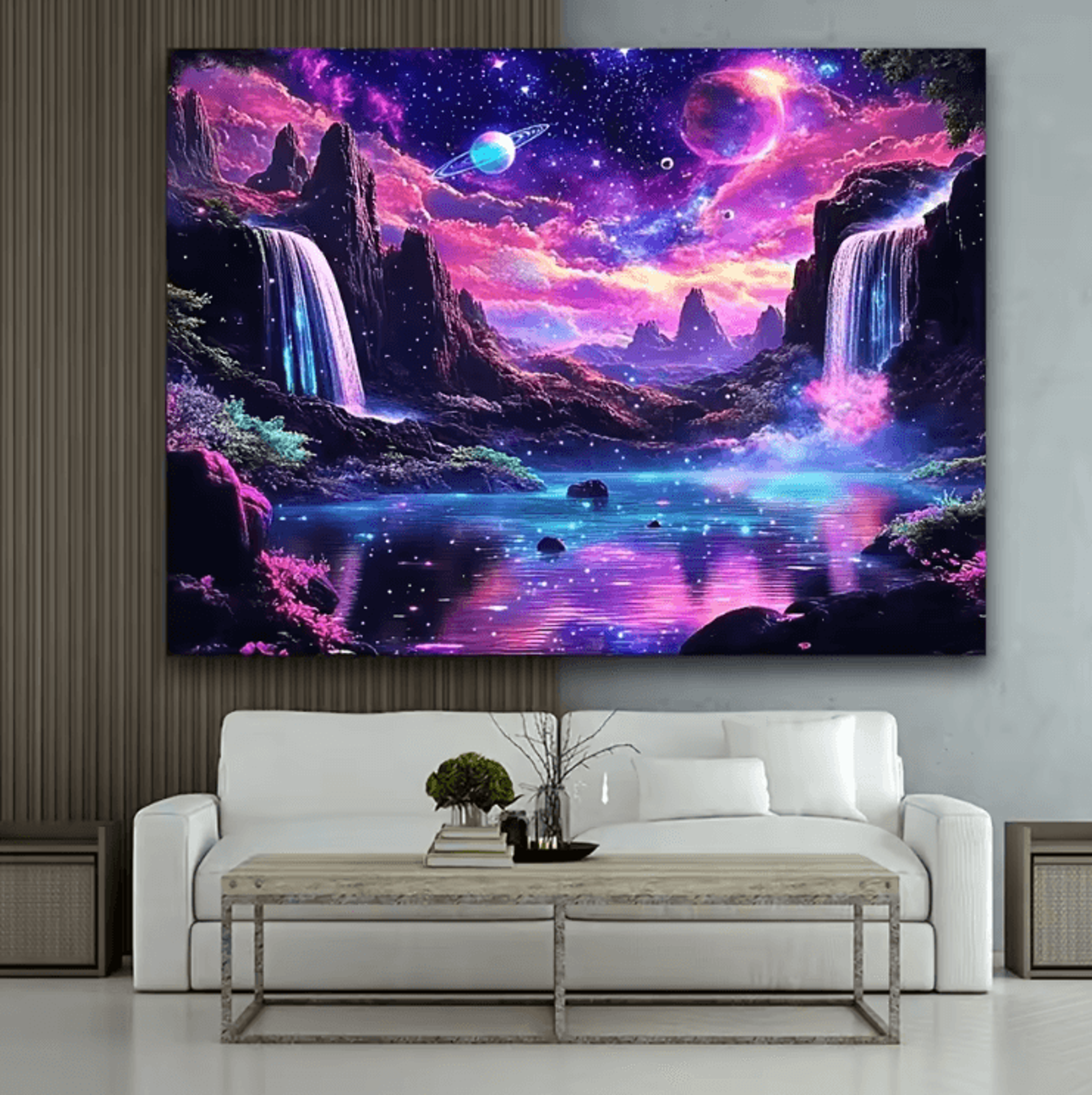 Fantasy Starry Sky Glow Tapestry  Galaxy Waterfall Wall Art For Dreamy Spaces 1
