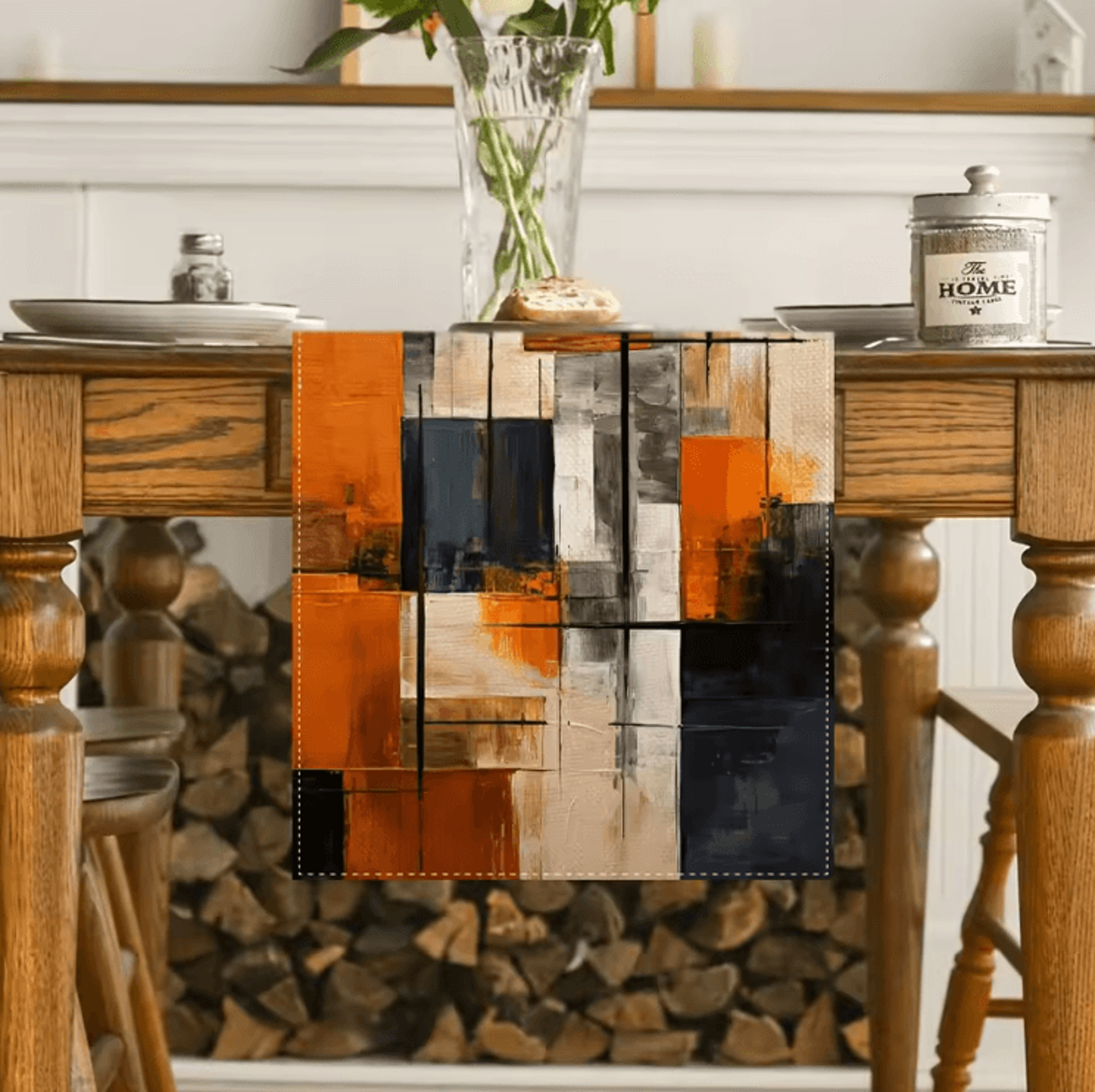 Abstract Watercolor Linen Table Runner  Orange Black Modern Table Decor Accent 1