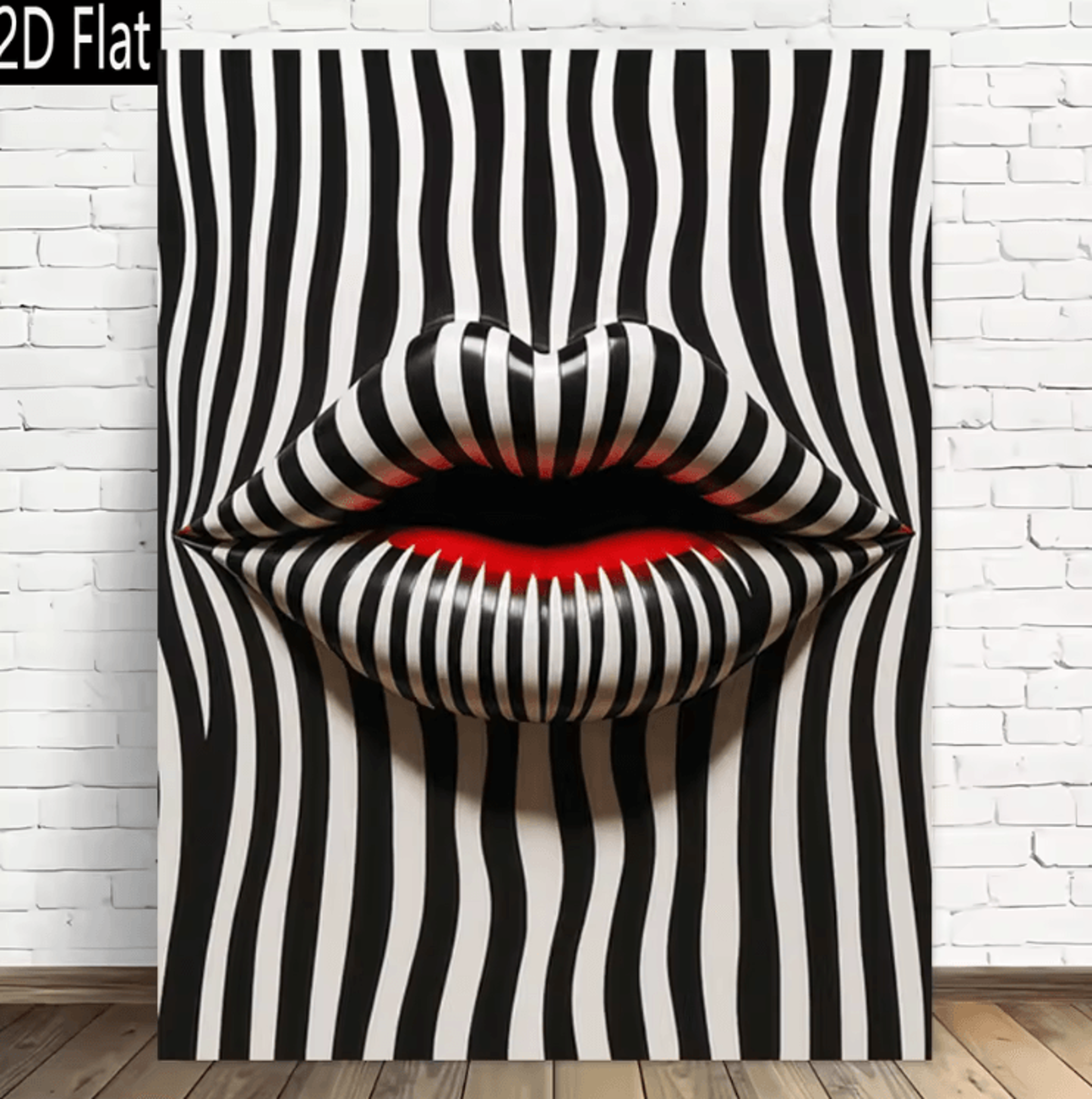 Abstract Striped Lips Canvas Art  Black  White Modern Pop Art Wall Decor 0