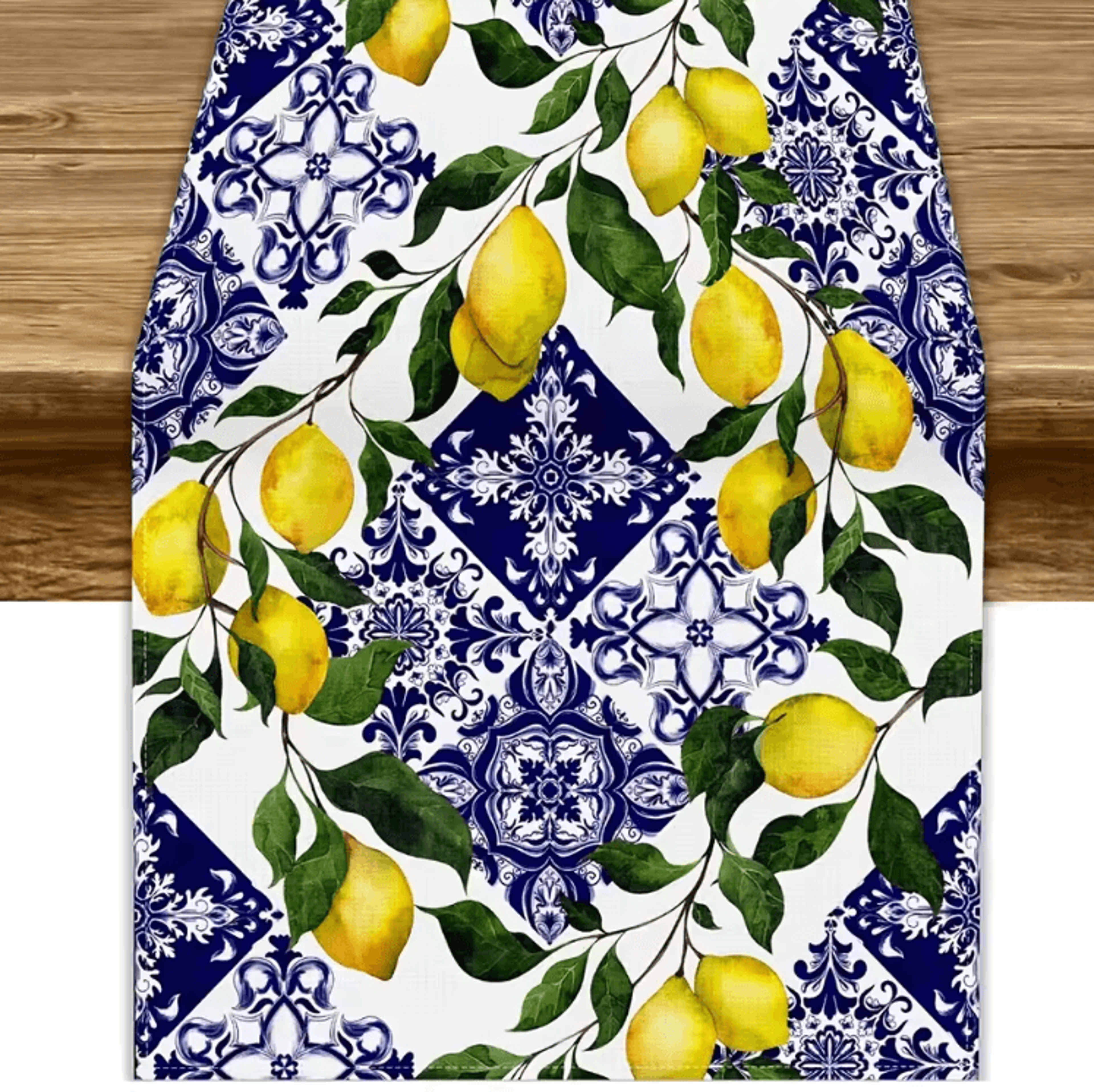 Mediterranean Blue Tile Lemon Linen Table Runner  Summer Floral Kitchen  Party Decor 0