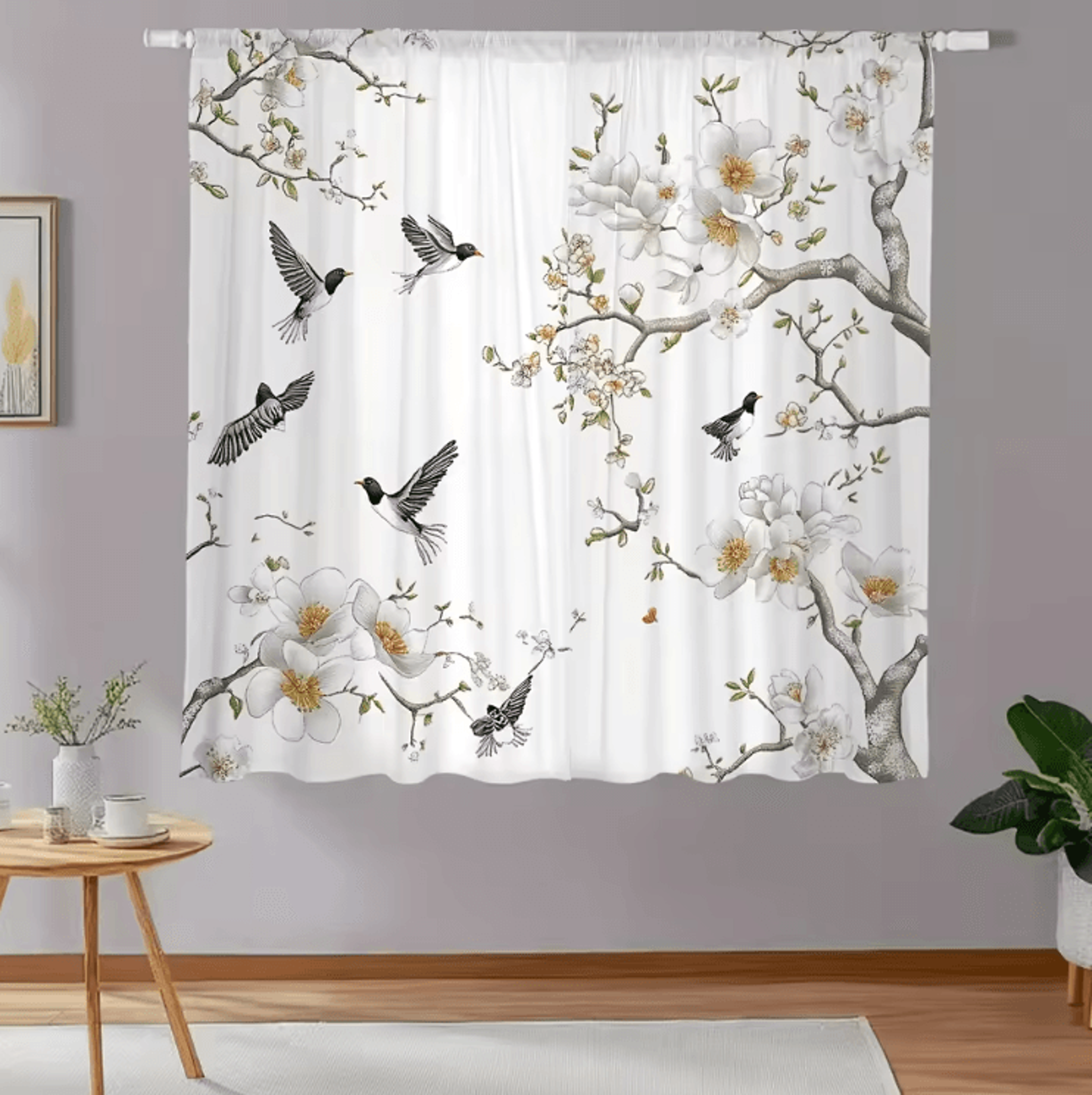 Elegant Floral  Bird Print Curtain Set  Soft Polyester Aesthetic Window Panels 3