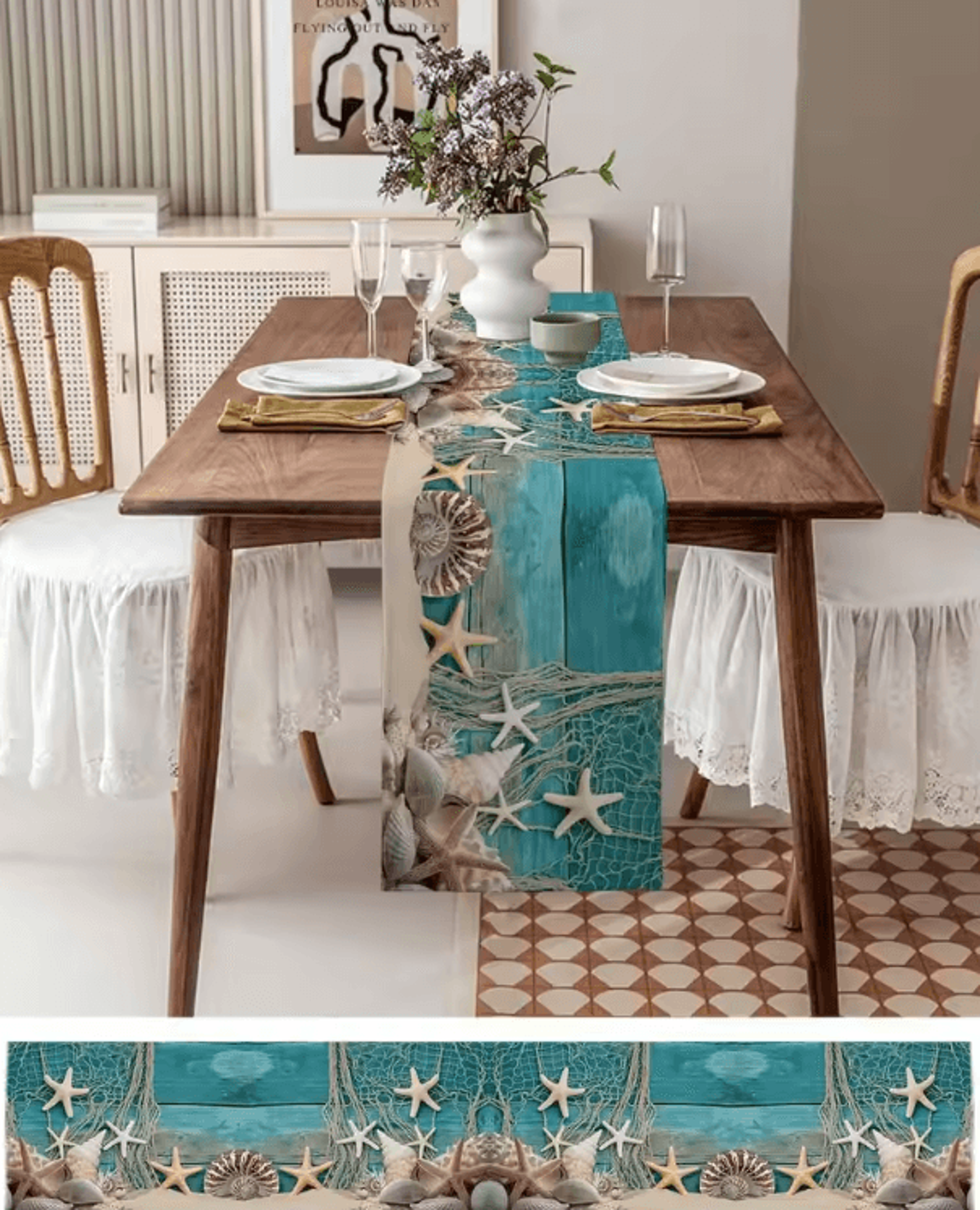 Coastal Starfish Linen Table Runner  Blue Ocean Beach Dining Decor 1