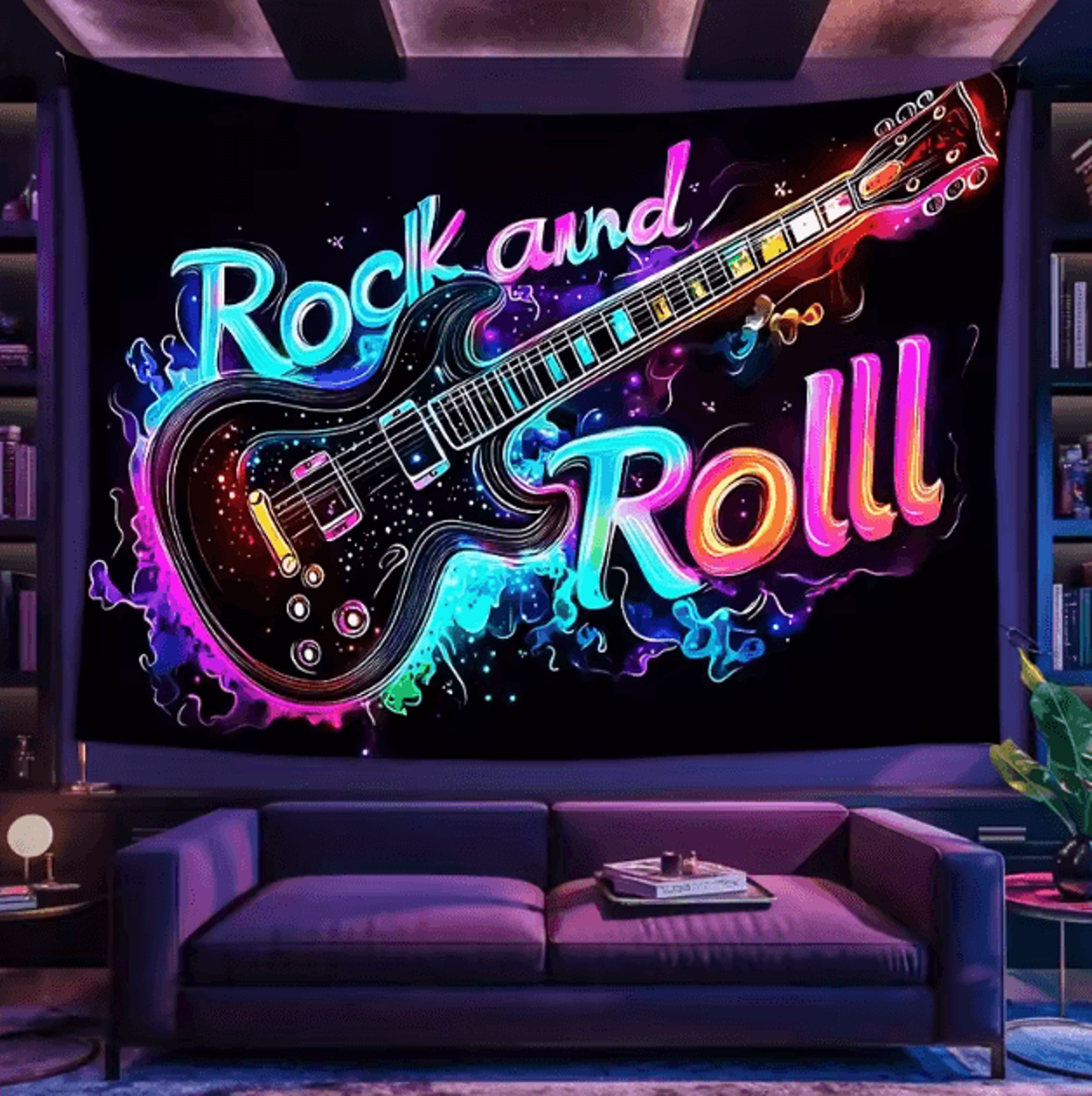 Neon Rock Guitar Tapestry  UV Reactive Music Wall Art For Bedroom  Studio Decor 1