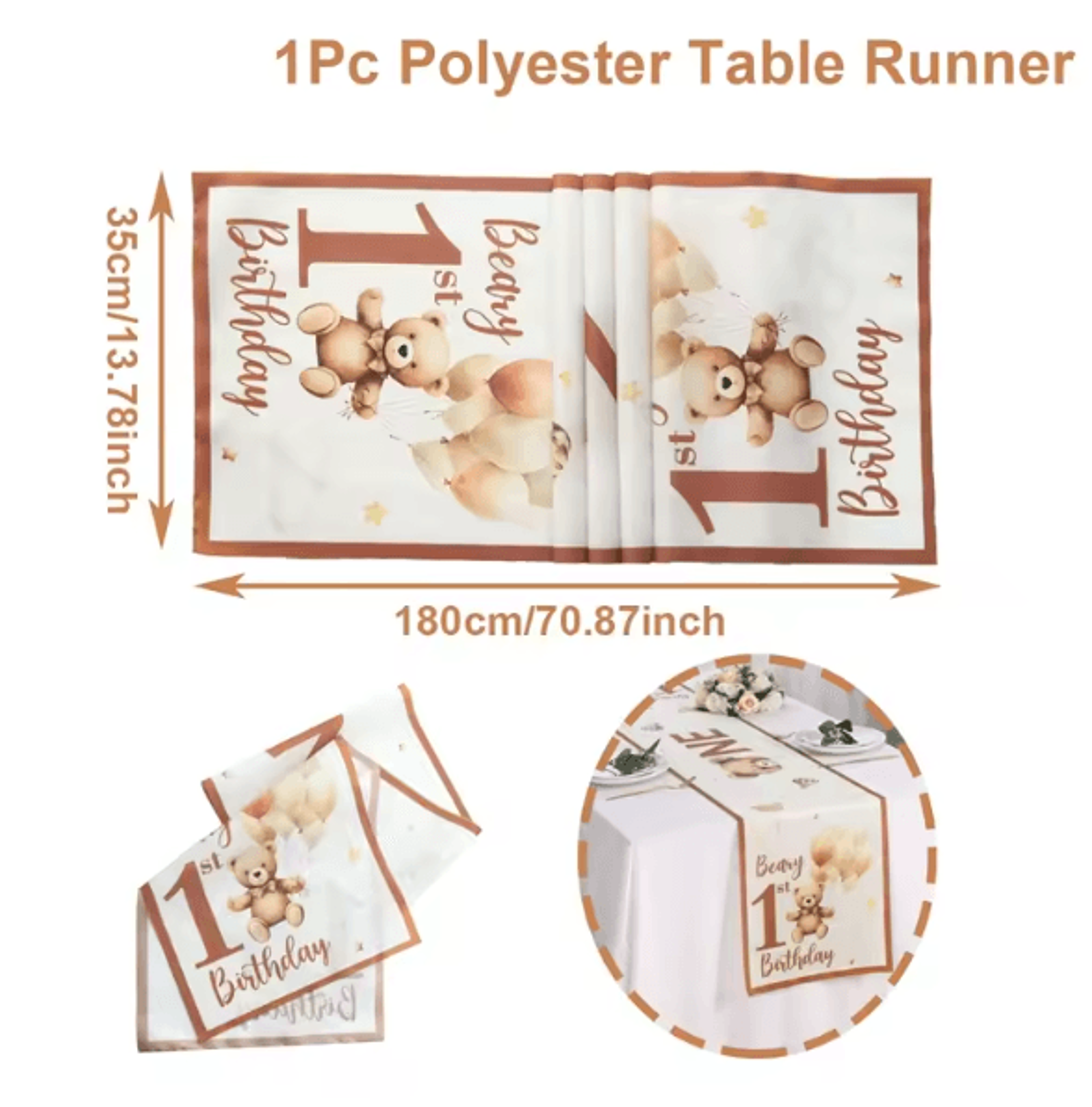 Cute Teddy Bear Birthday Table Runner  Baby Shower  1st Birthday Party Table Decor 180 35cm 3