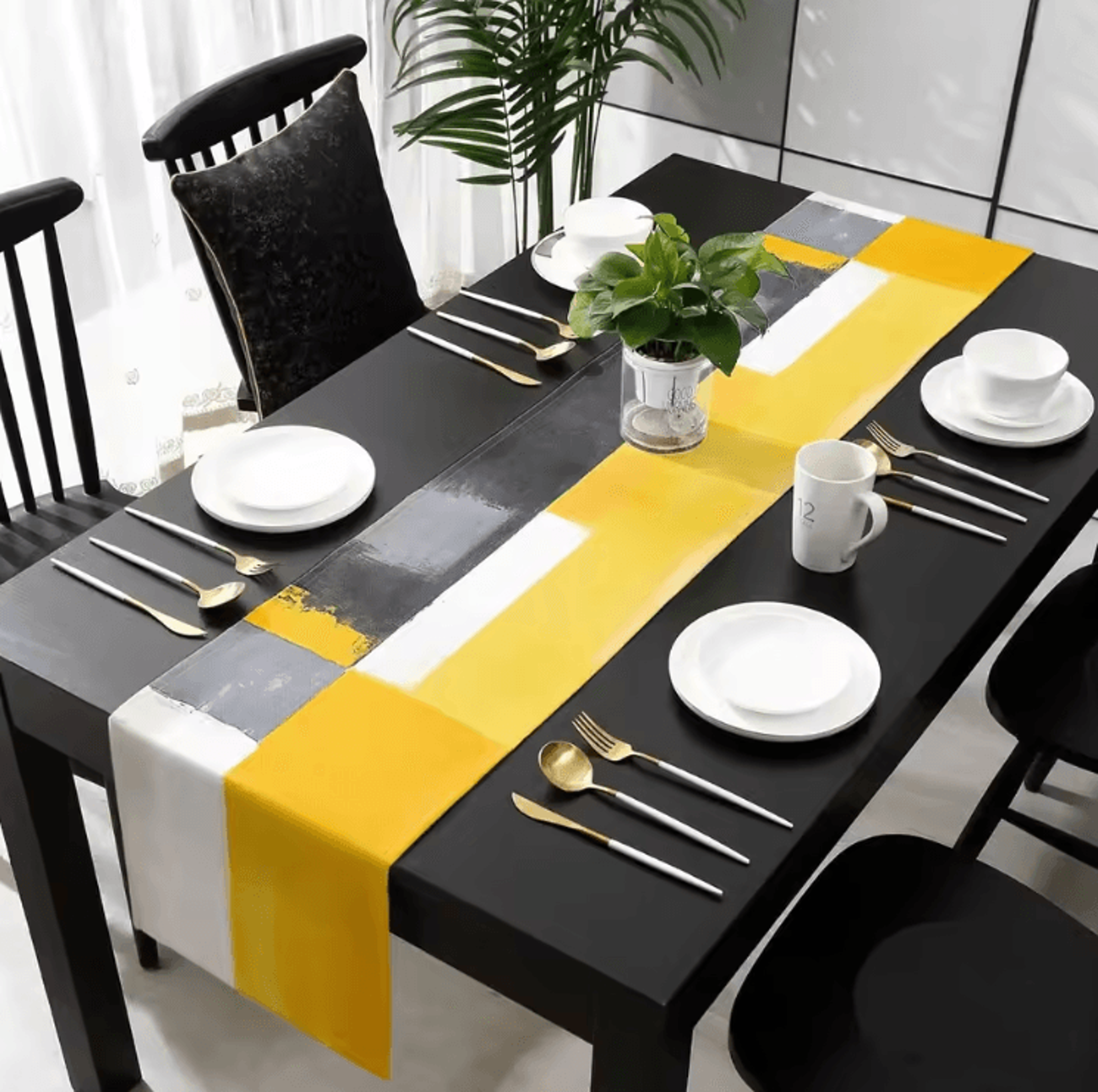 Abstract Yellow Linen Table Runner  Modern Geometric Kitchen  Dining Table Decor 1