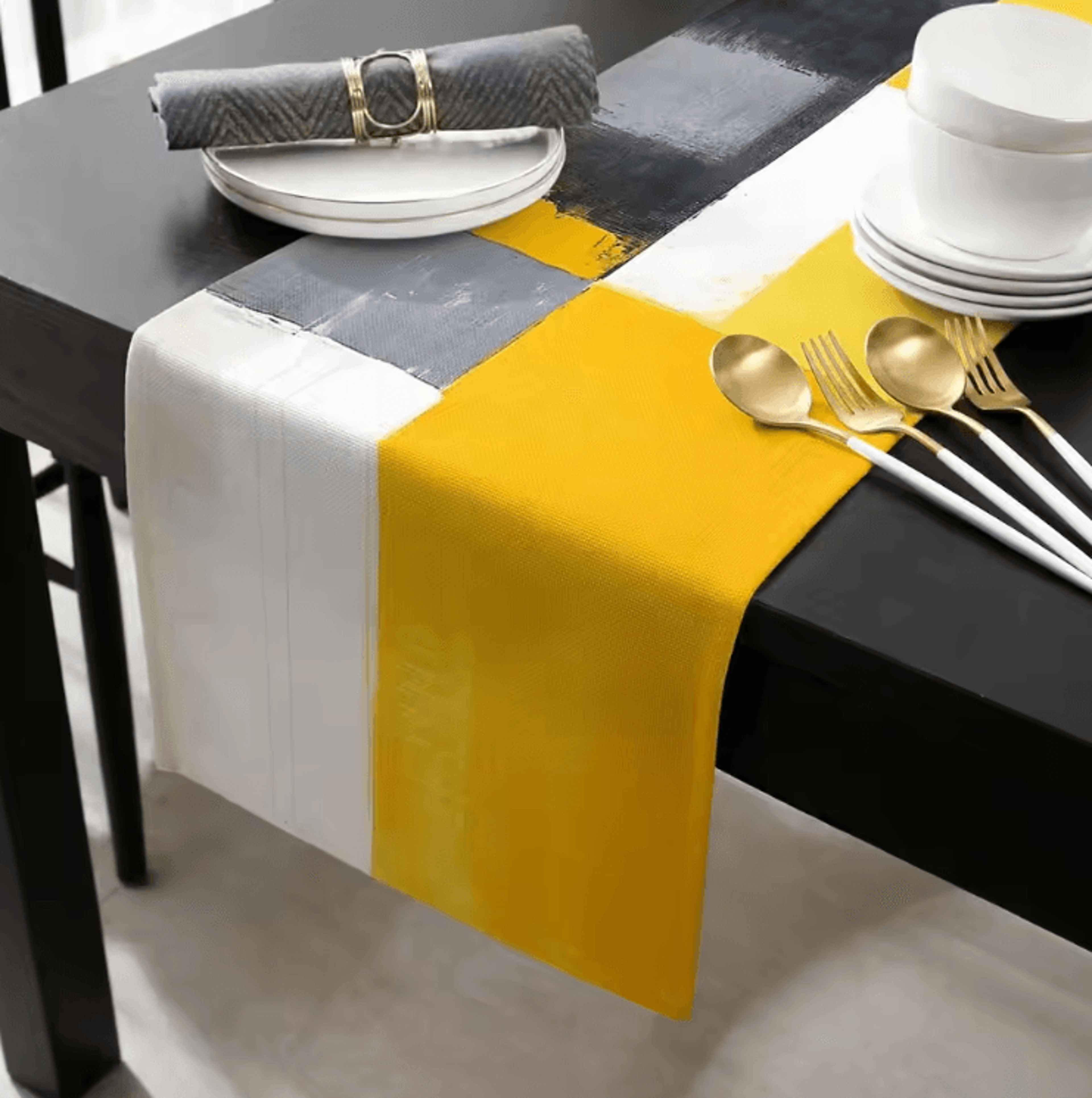 Abstract Yellow Linen Table Runner  Modern Geometric Kitchen  Dining Table Decor 2