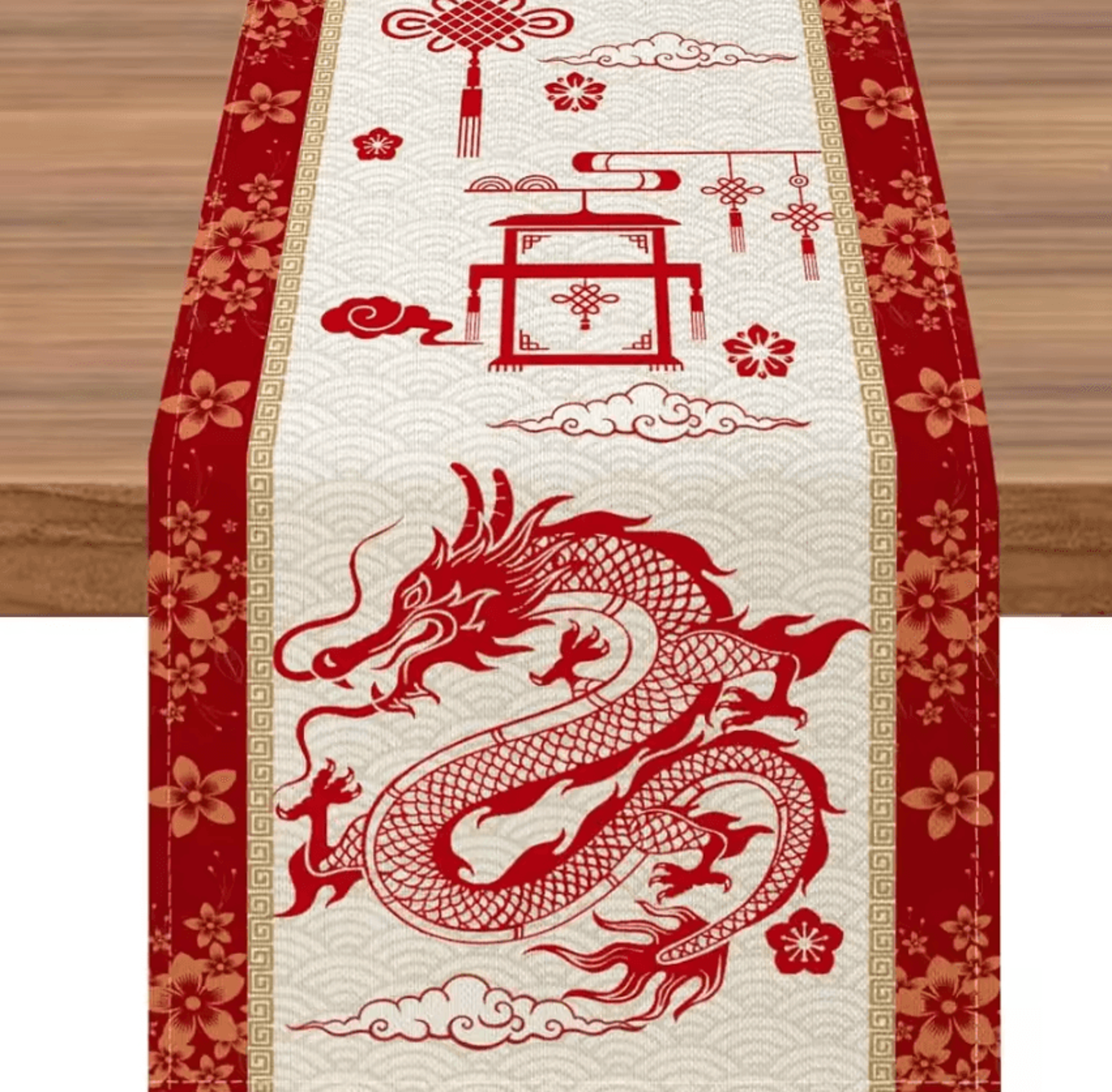 Chinese New Year Dragon Linen Table Runner  Spring Festival Dining Decor 0