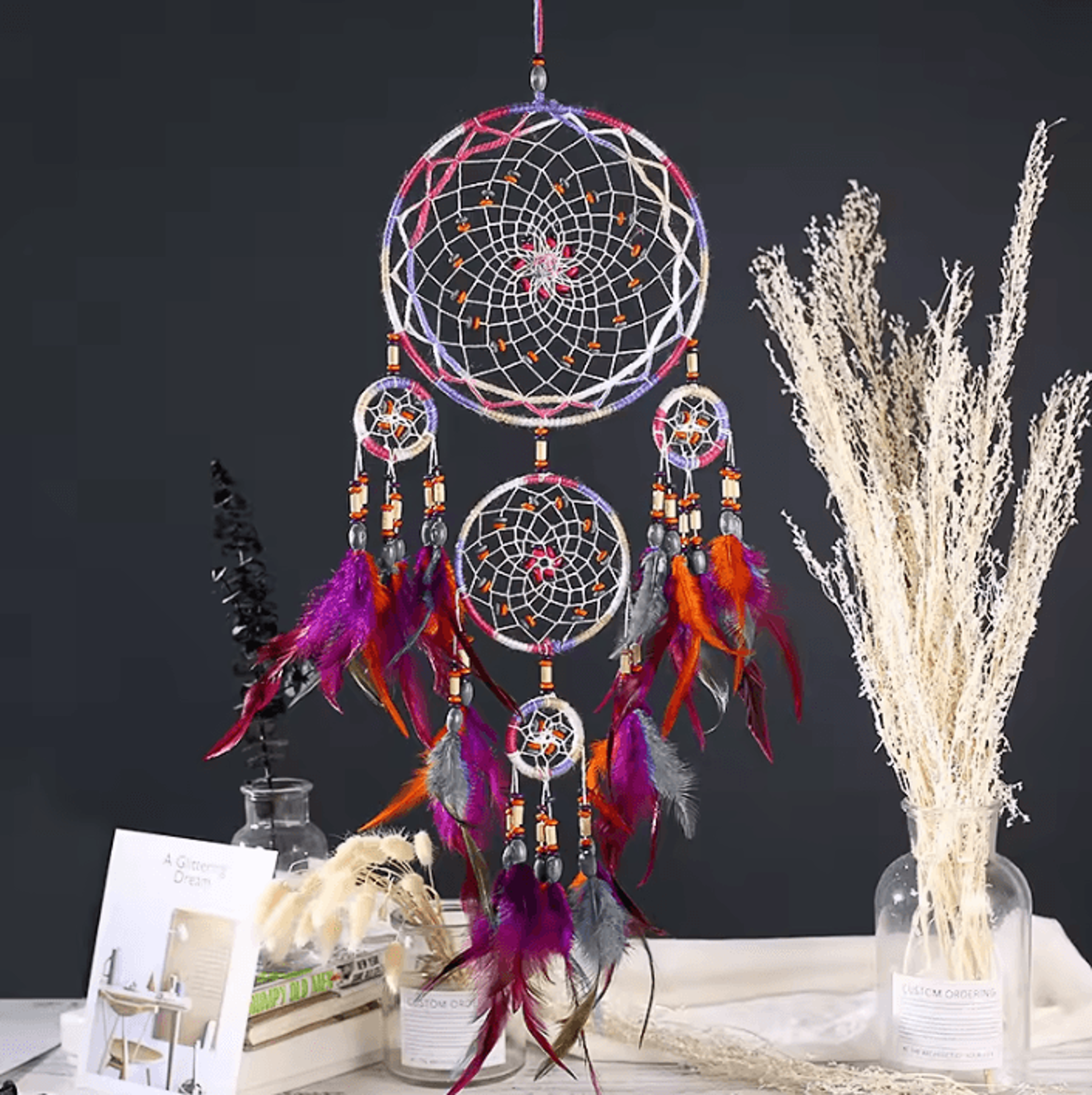 Handmade FiveRing Macrame Dream Catcher  Boho Wall Hanging Decor For Bedroom  Living Room 0