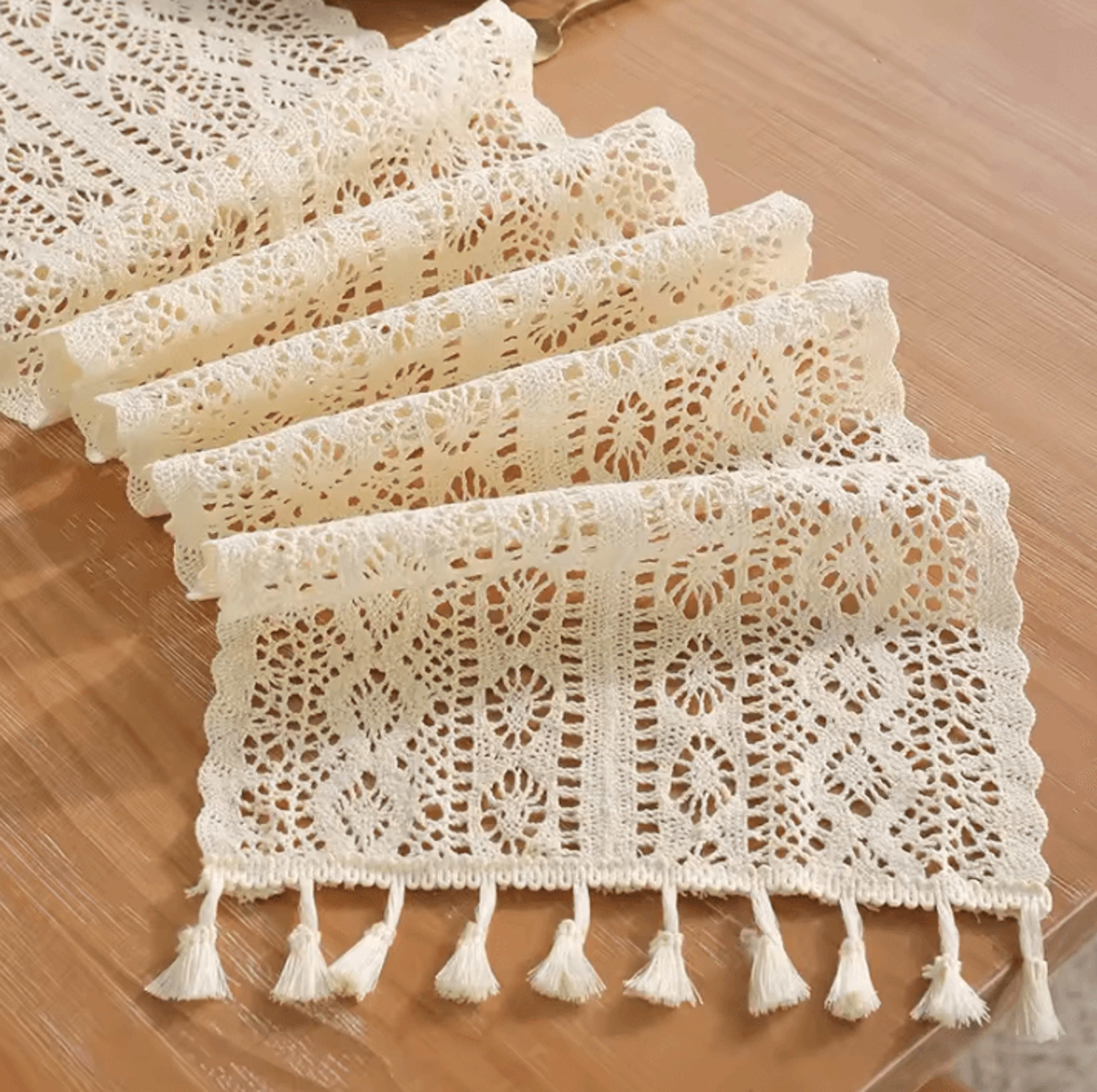 Vintage Beige Crochet Lace Table Runner  Tassel Boho Farmhouse Decor 0
