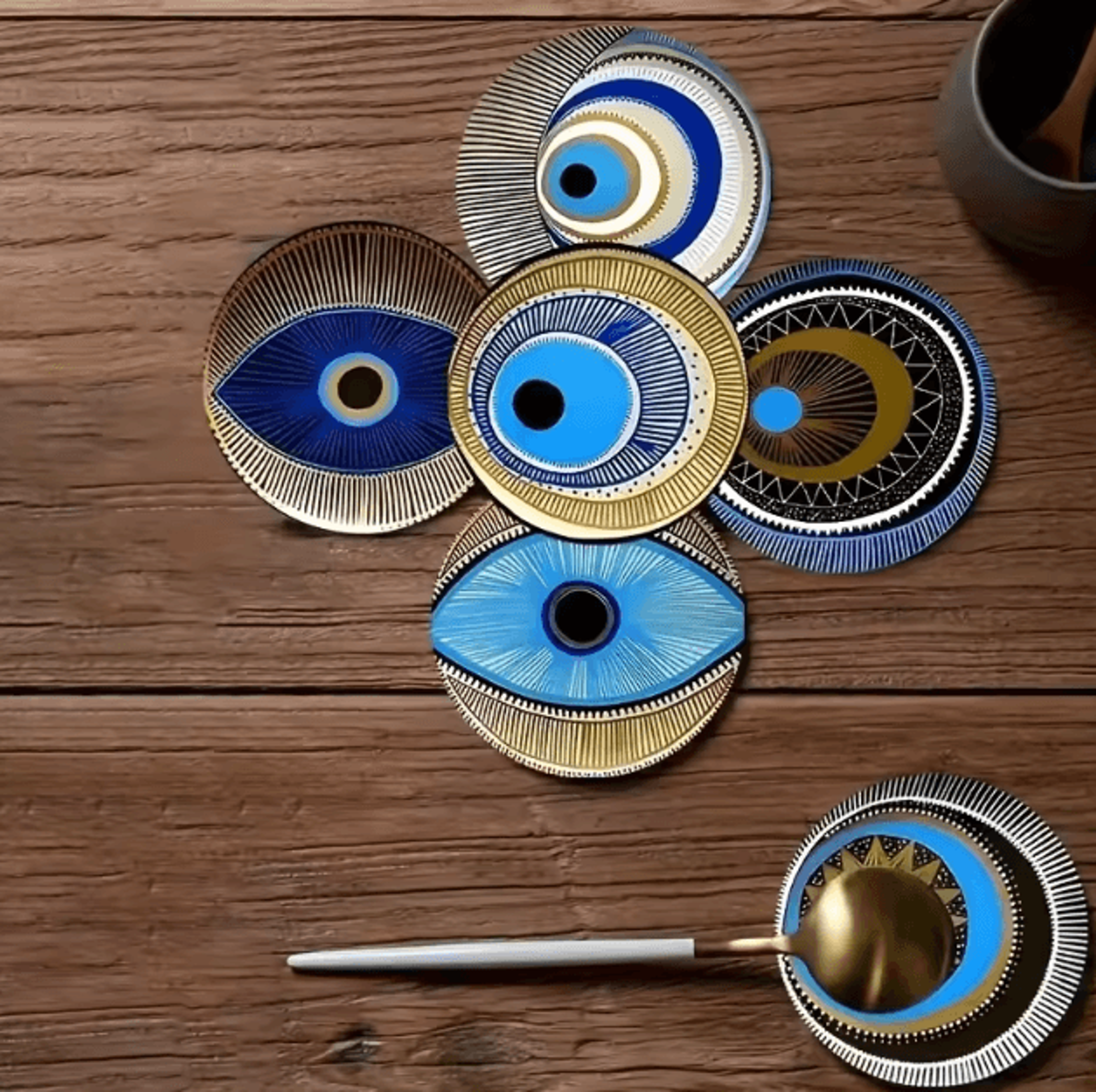 Evil Eye Wooden Coaster Set  6PCS Protective Drink Mats For Home Decor 2