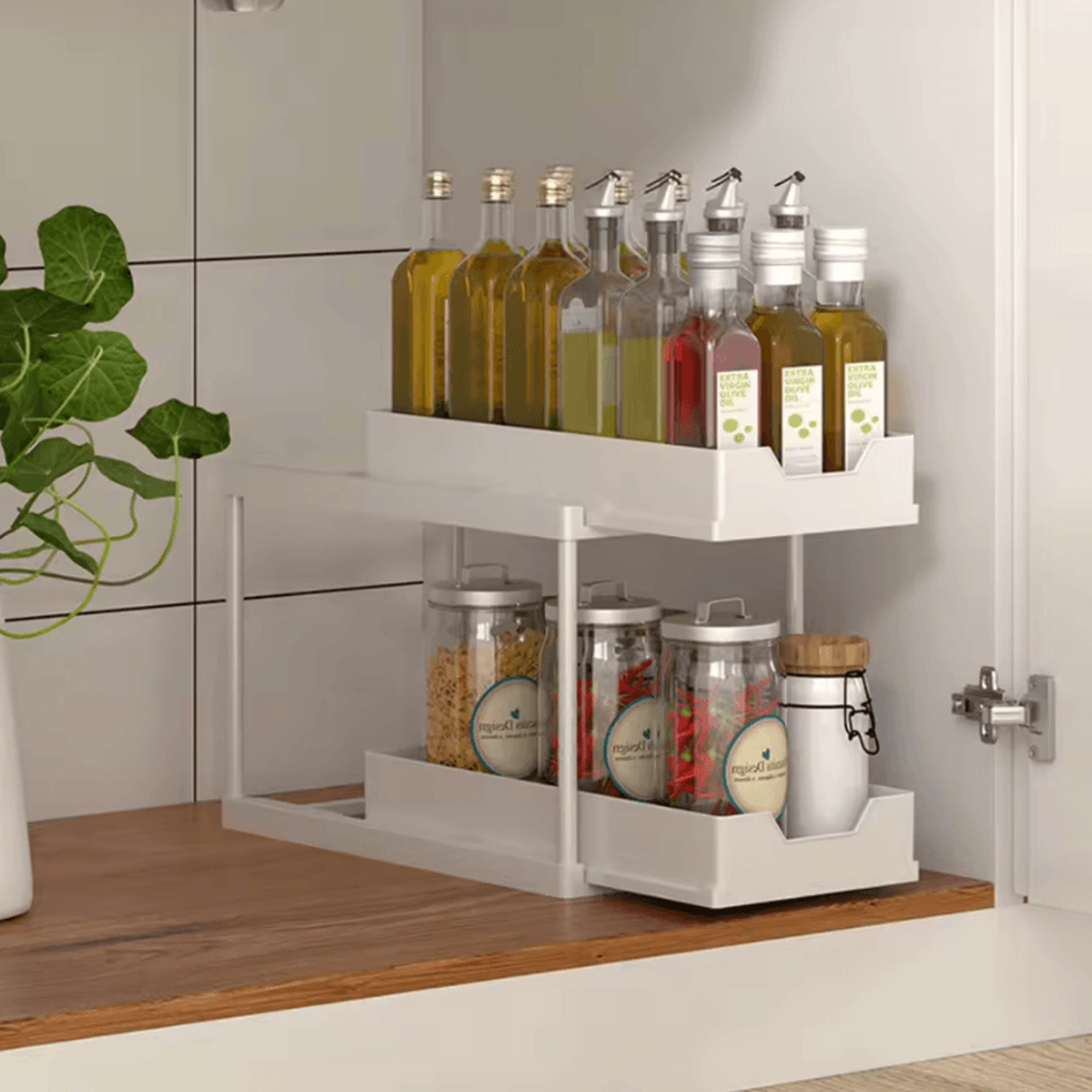 DoubleLayer PullOut Kitchen Storage Rack  Under Sink Organizer With Hooks 4