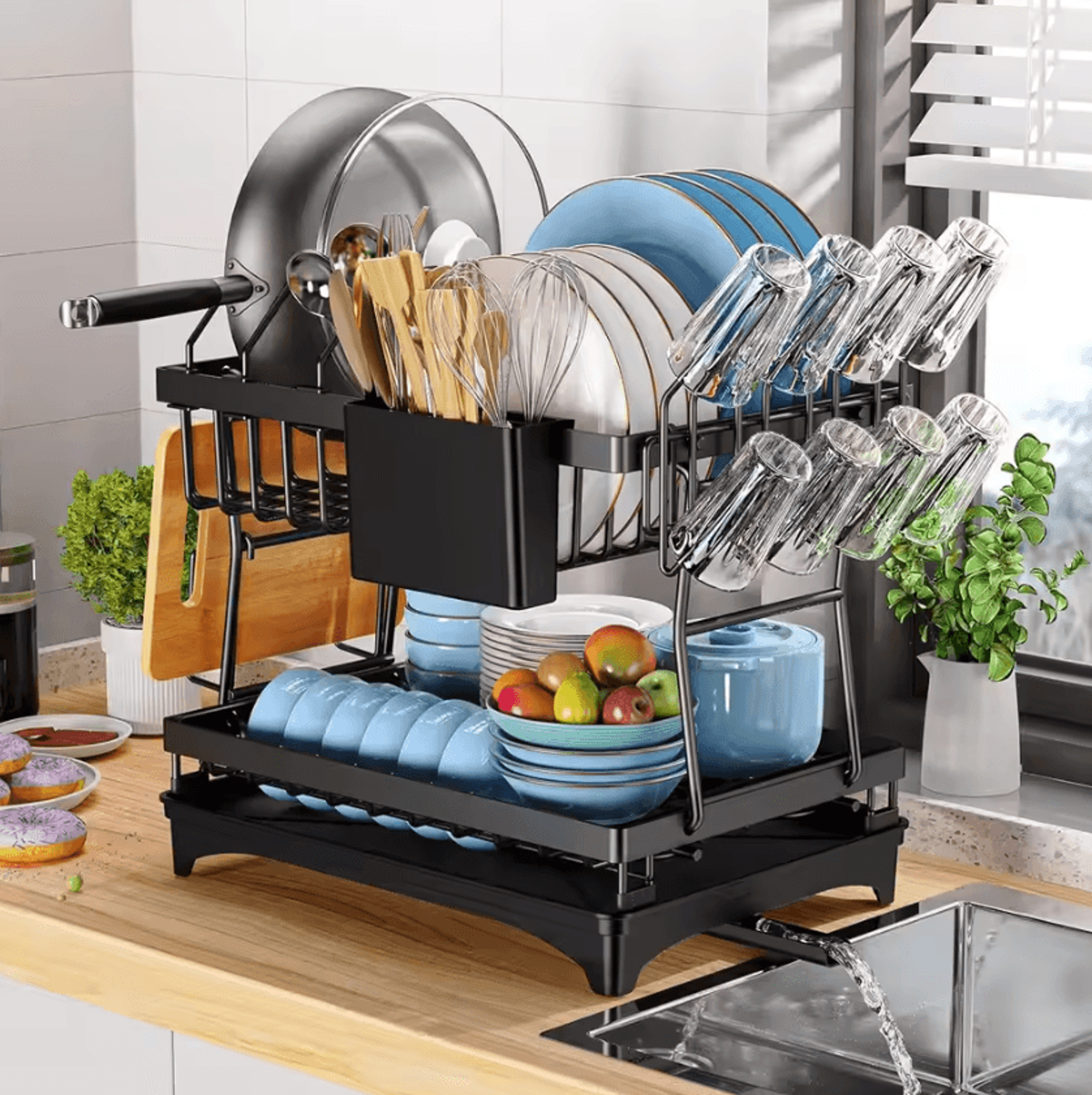 DryEase 2 Tier Dish Drying Rack Kitchen Dish Drying Rack Countertop Dish Drainer With Drip Tray Met 3