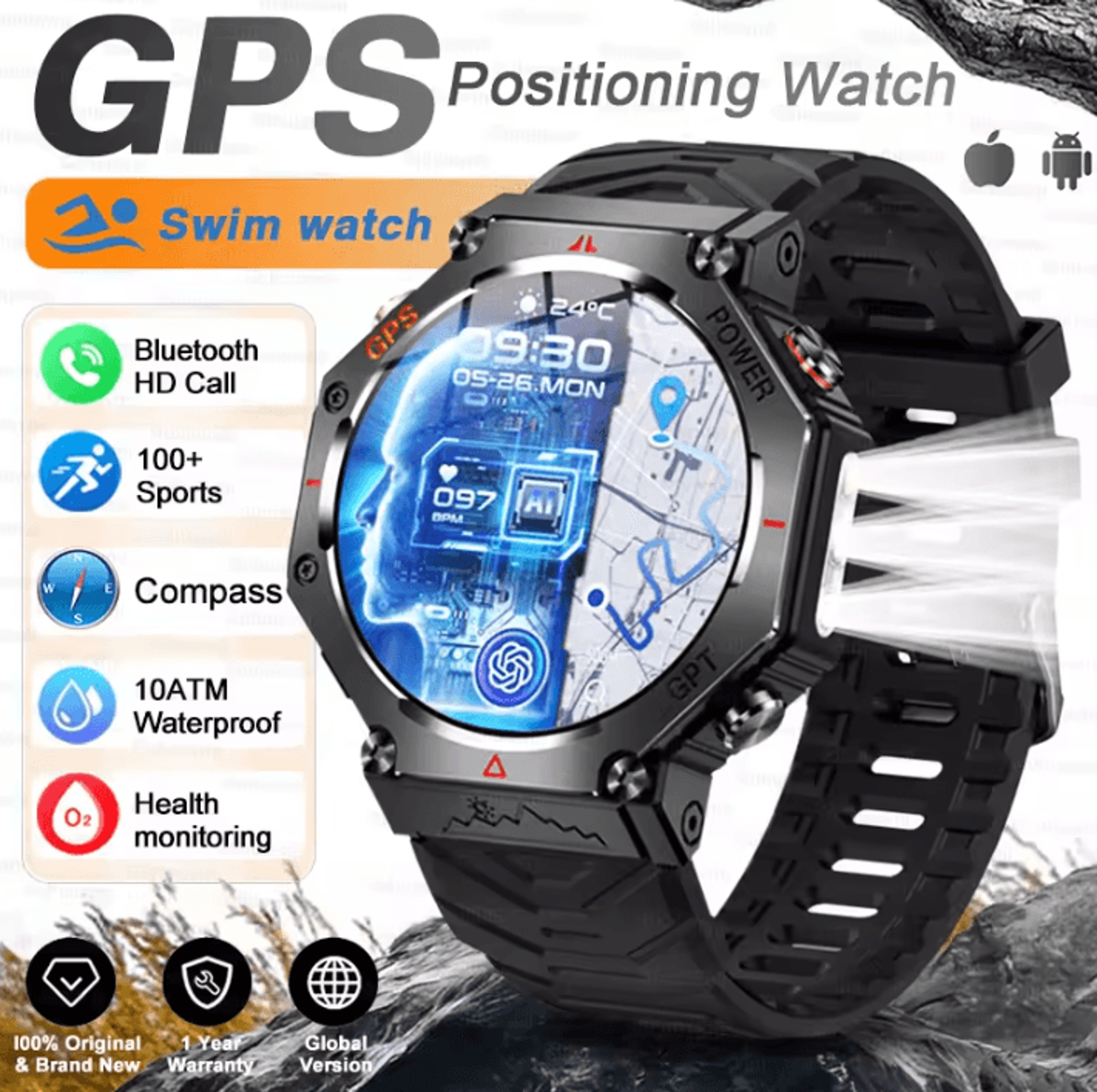 t-rex 3 ultra military amoled gps smartwatch with 10atm waterproof & bluetooth call