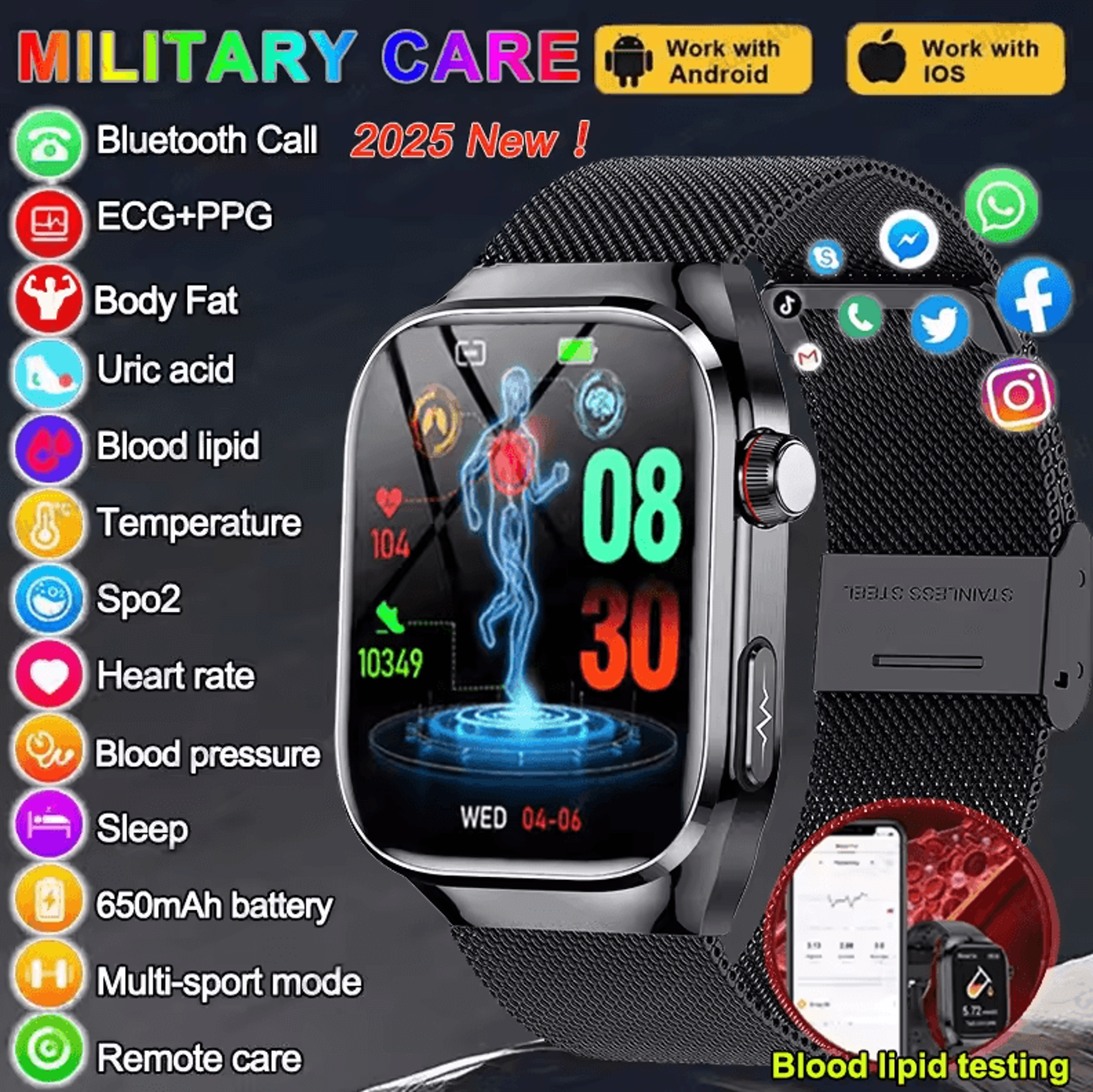ai laser health smartwatch with ecg ppg, uric acid & blood lipids monitor