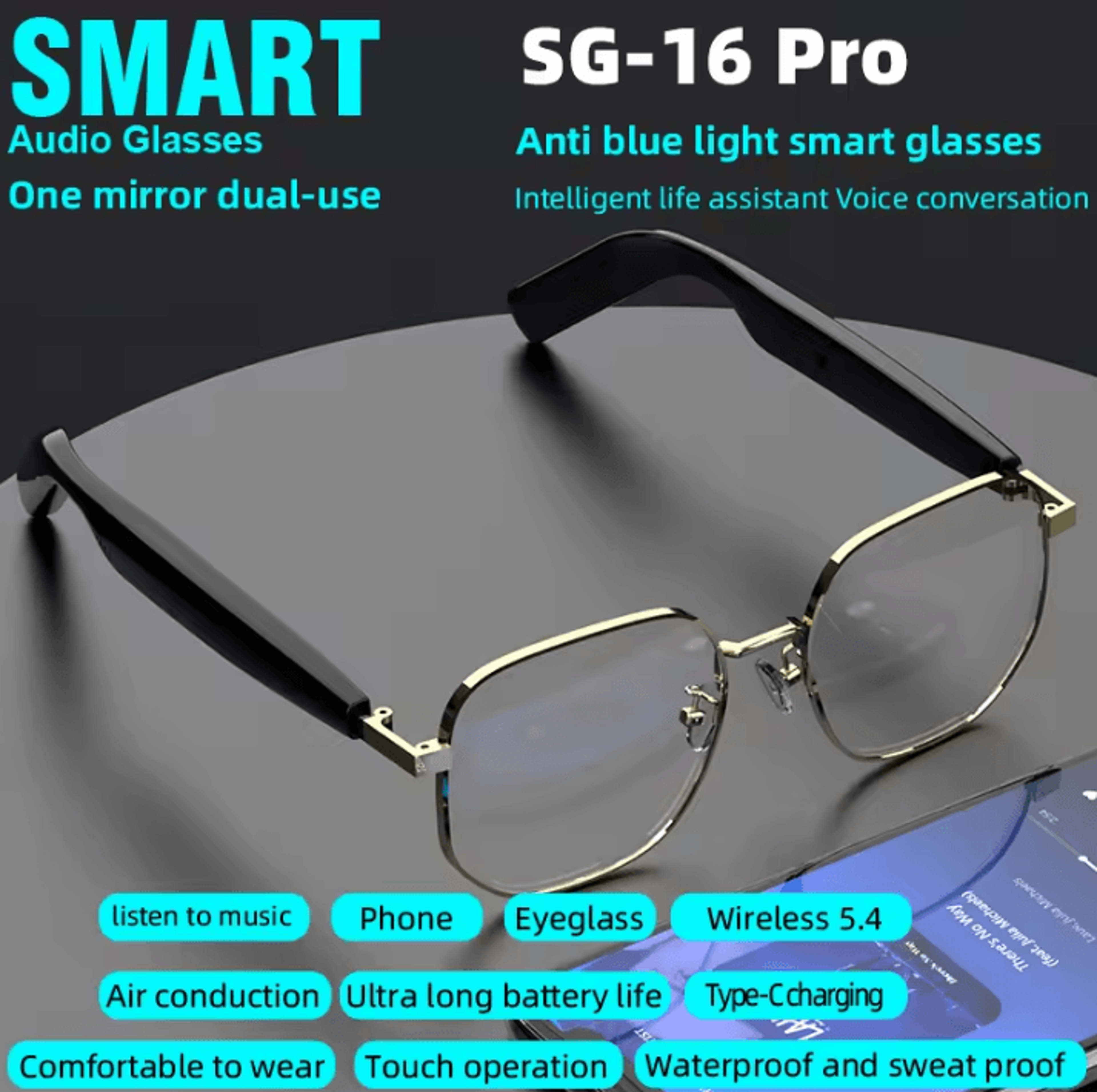 SG16 Pro 2in1 Bluetooth Smart Glasses With Audio  AntiBlue Light Protection 0