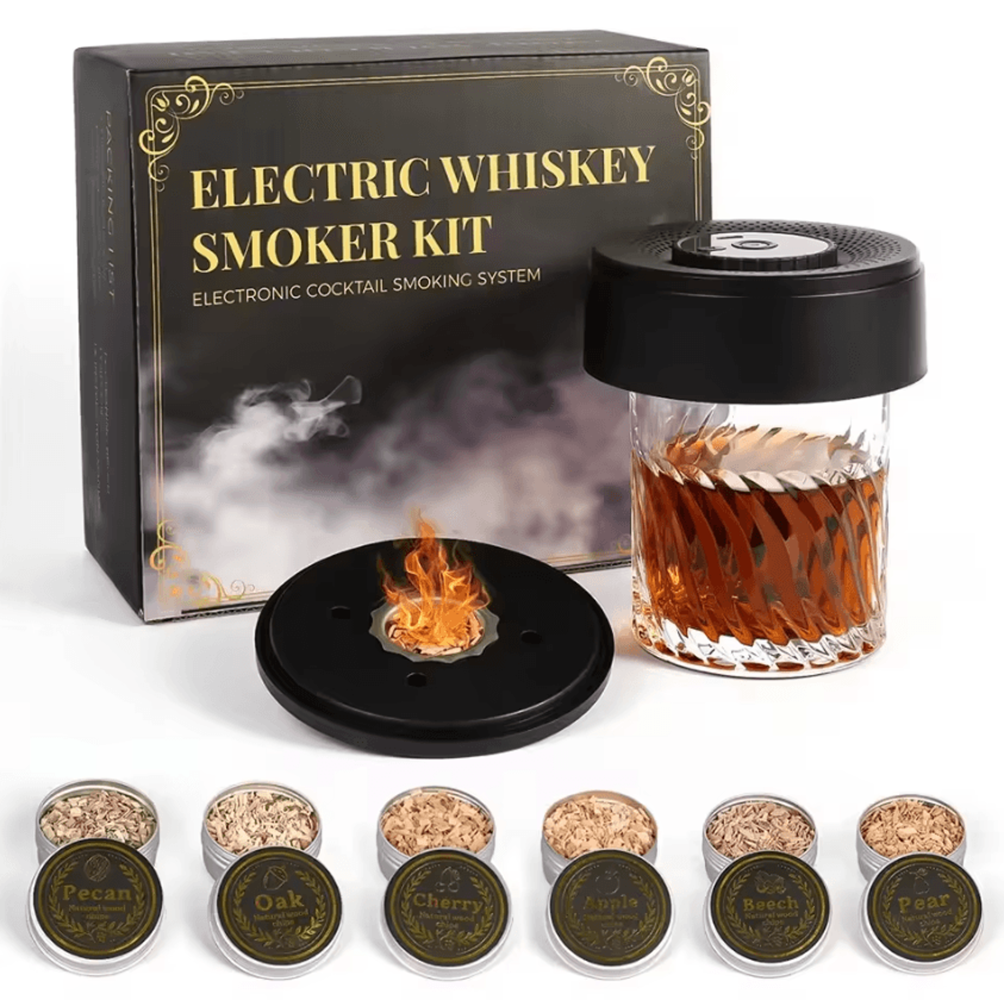 electric whiskey smoke infuser kit – 6 wood chips rechargeable cocktail smoker