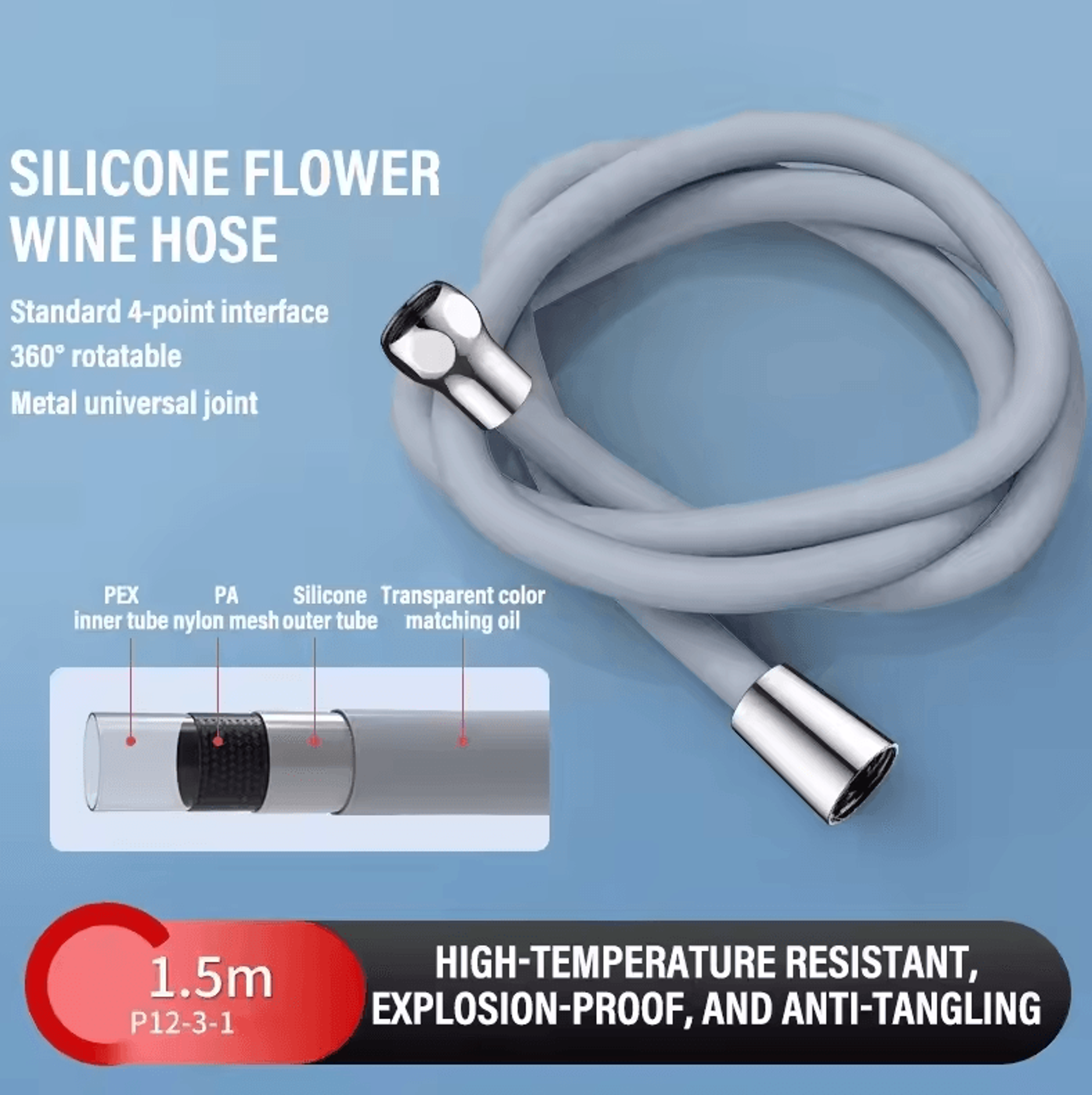 flexible anti-kink shower hose – explosion-proof silicone bathroom tube (1.5m / 2m)