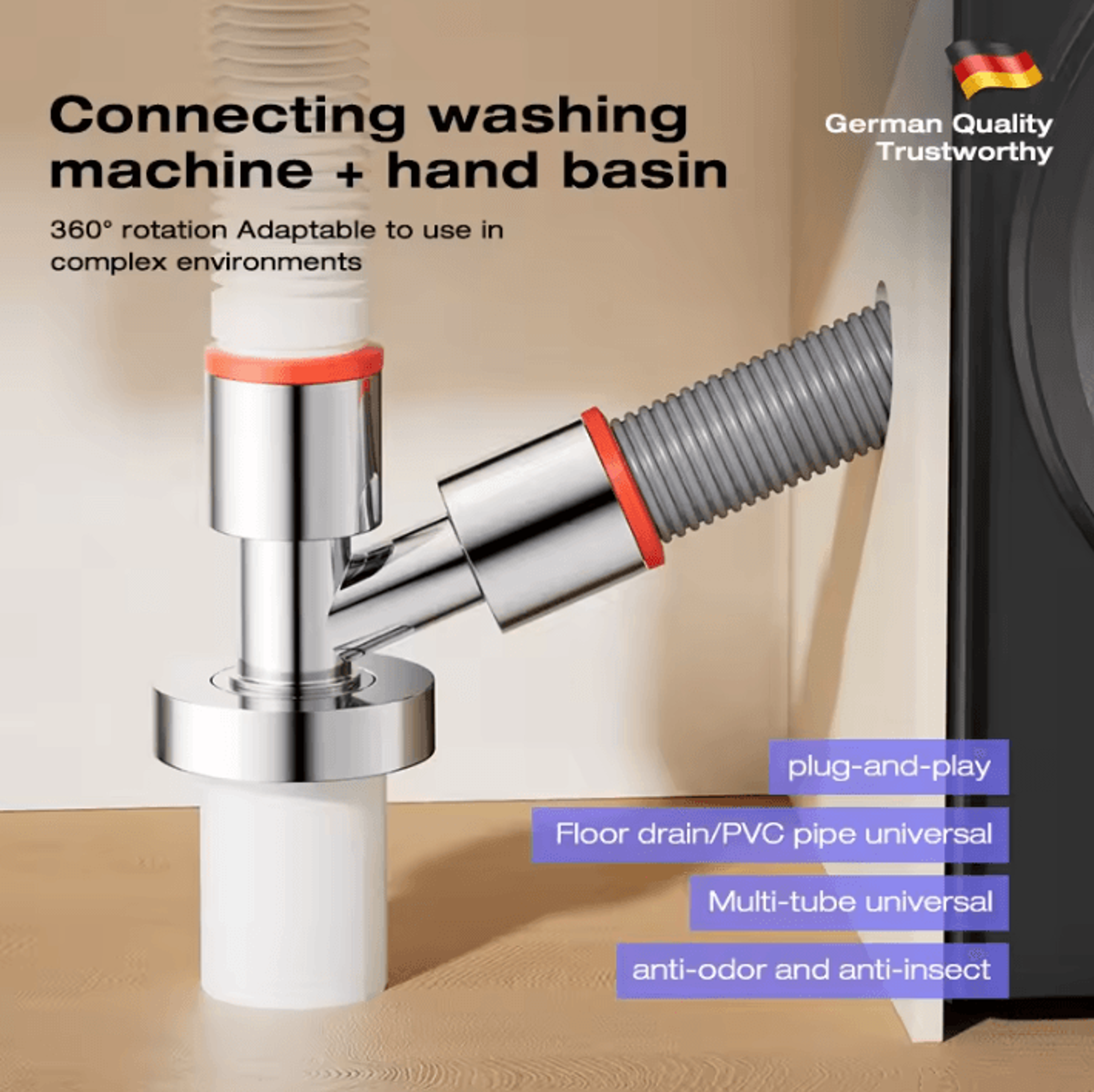 3-way washing machine drain connector – anti-odor & anti-overflow floor drain adapter