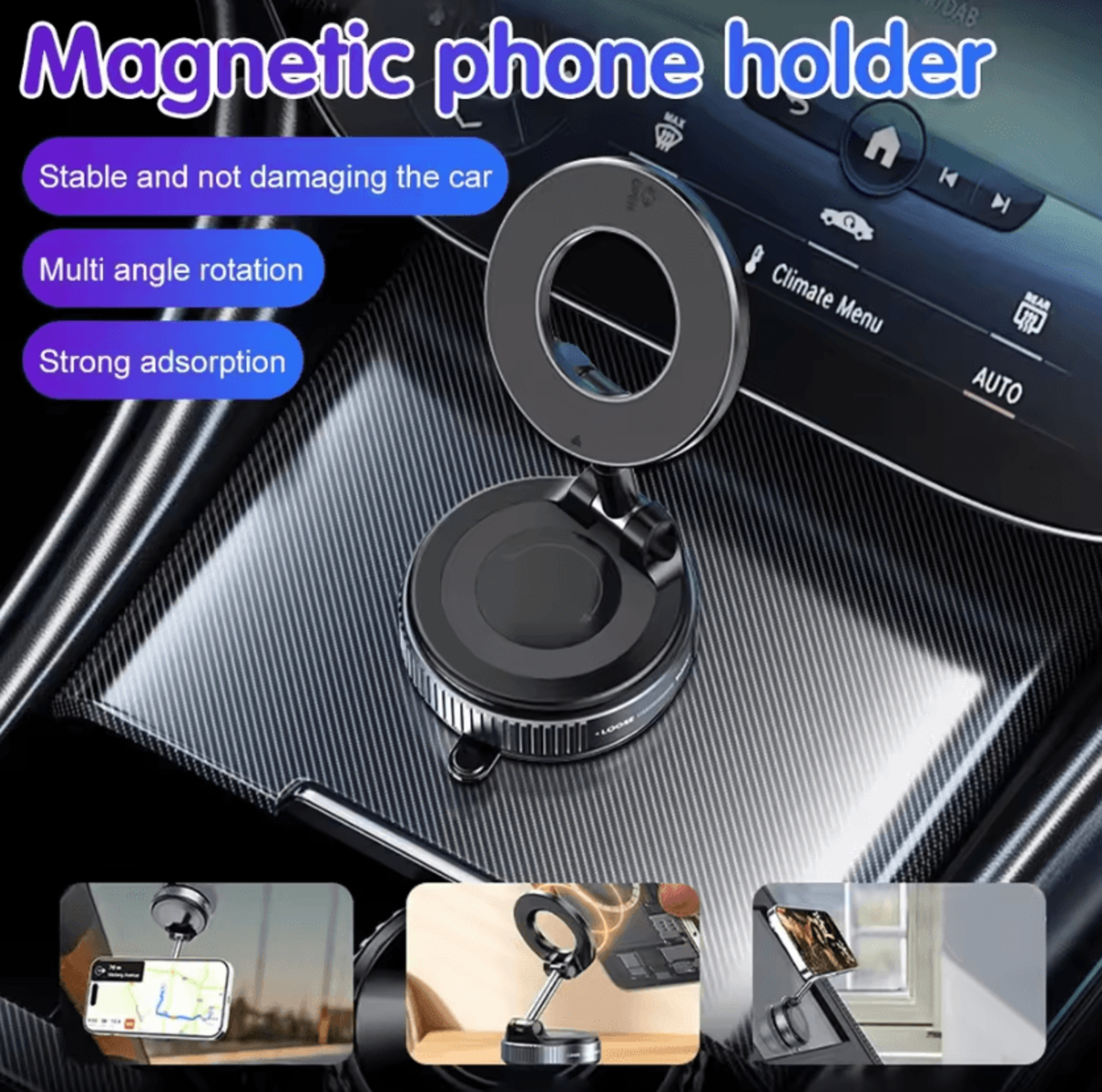 360 magnetic car phone holder – foldable suction cup phone mount for dashboard & multi-use
