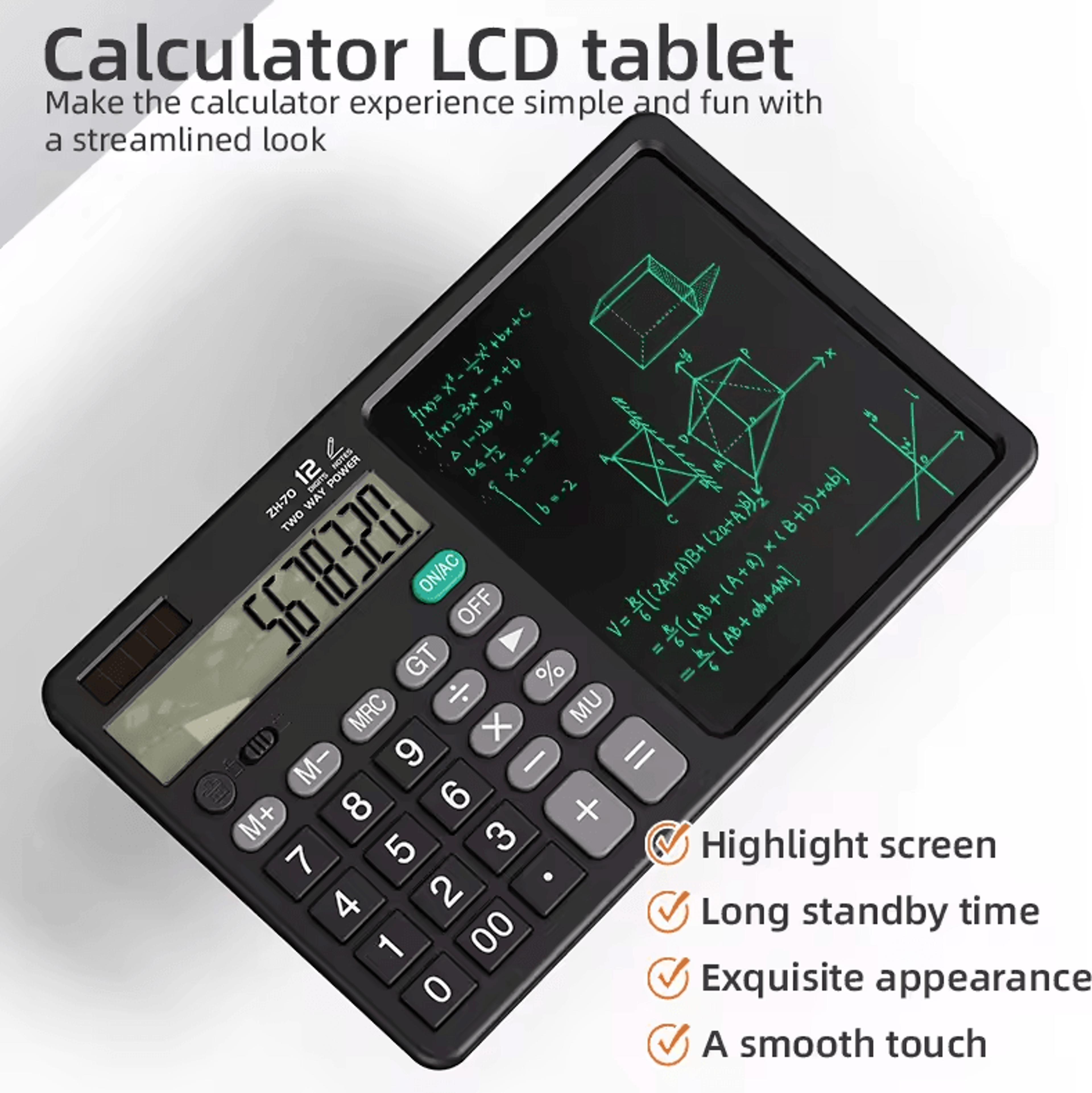 2-in-1 calculator writing tablet – foldable 12-digit lcd memo pad with stylus