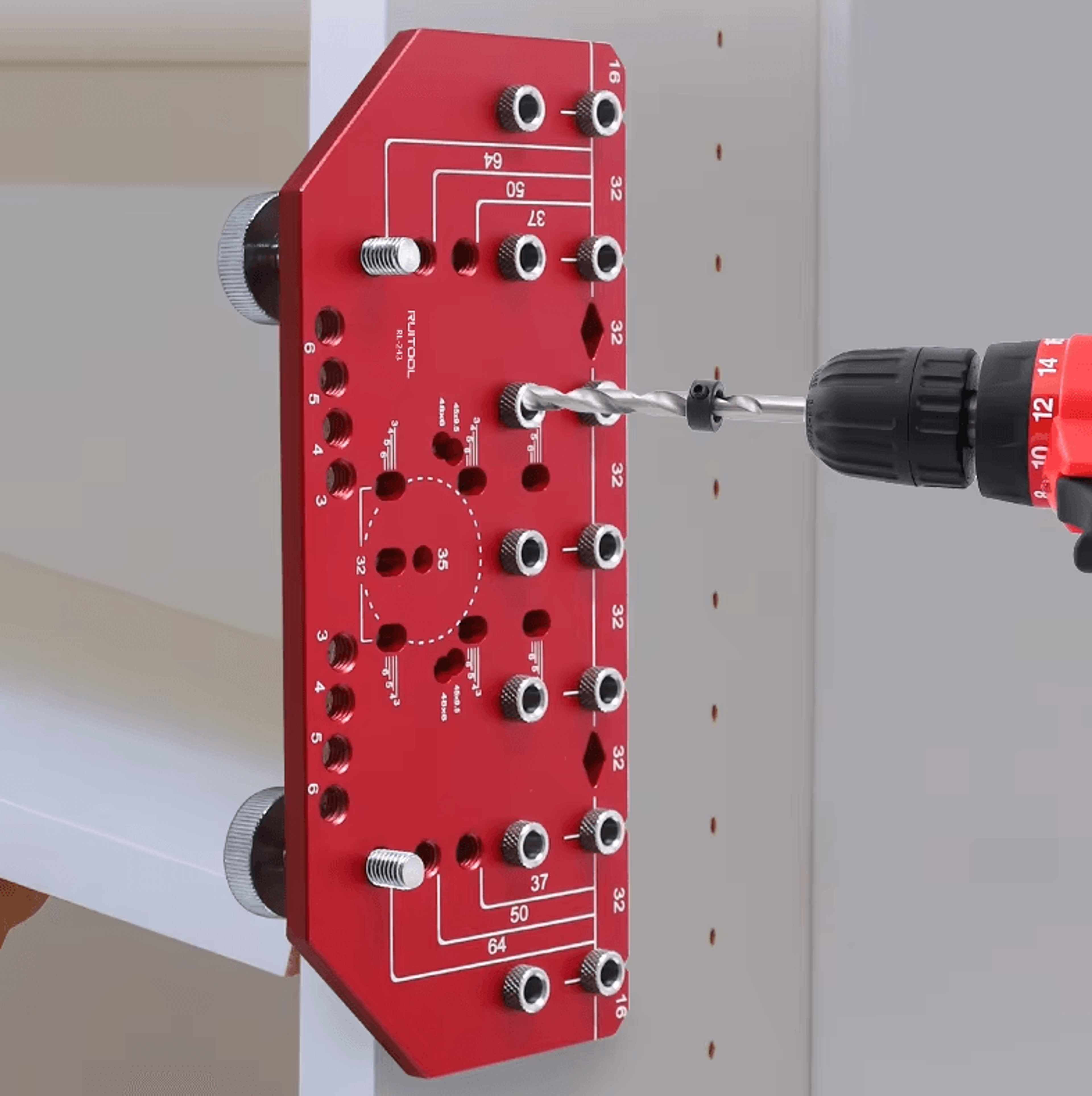 2-in-1 shelf pin & hinge jig aluminum drilling guide for cabinet & furniture installation