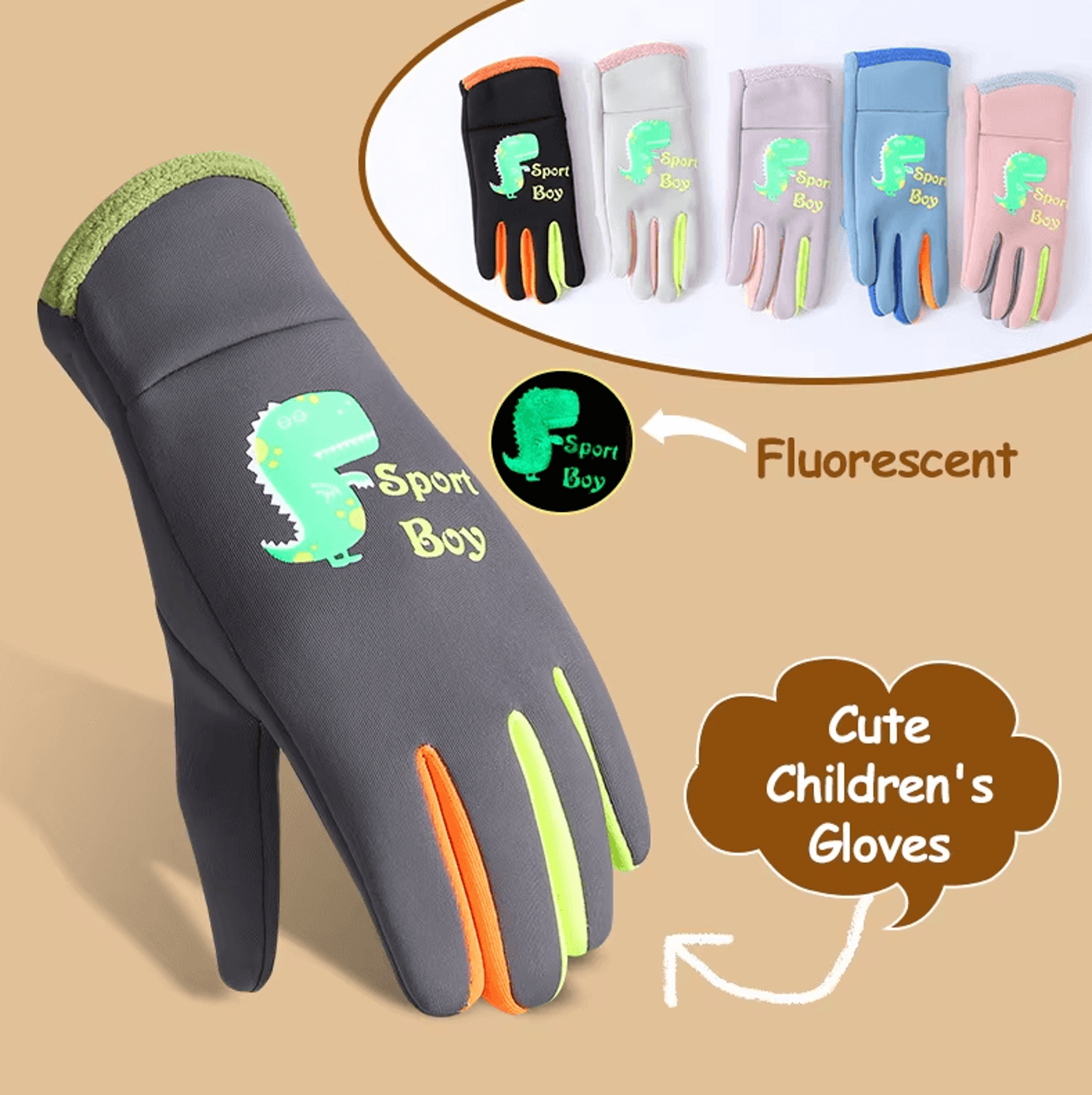 cartoon dinosaur kids winter gloves – waterproof windproof warm outdoor cycling gloves
