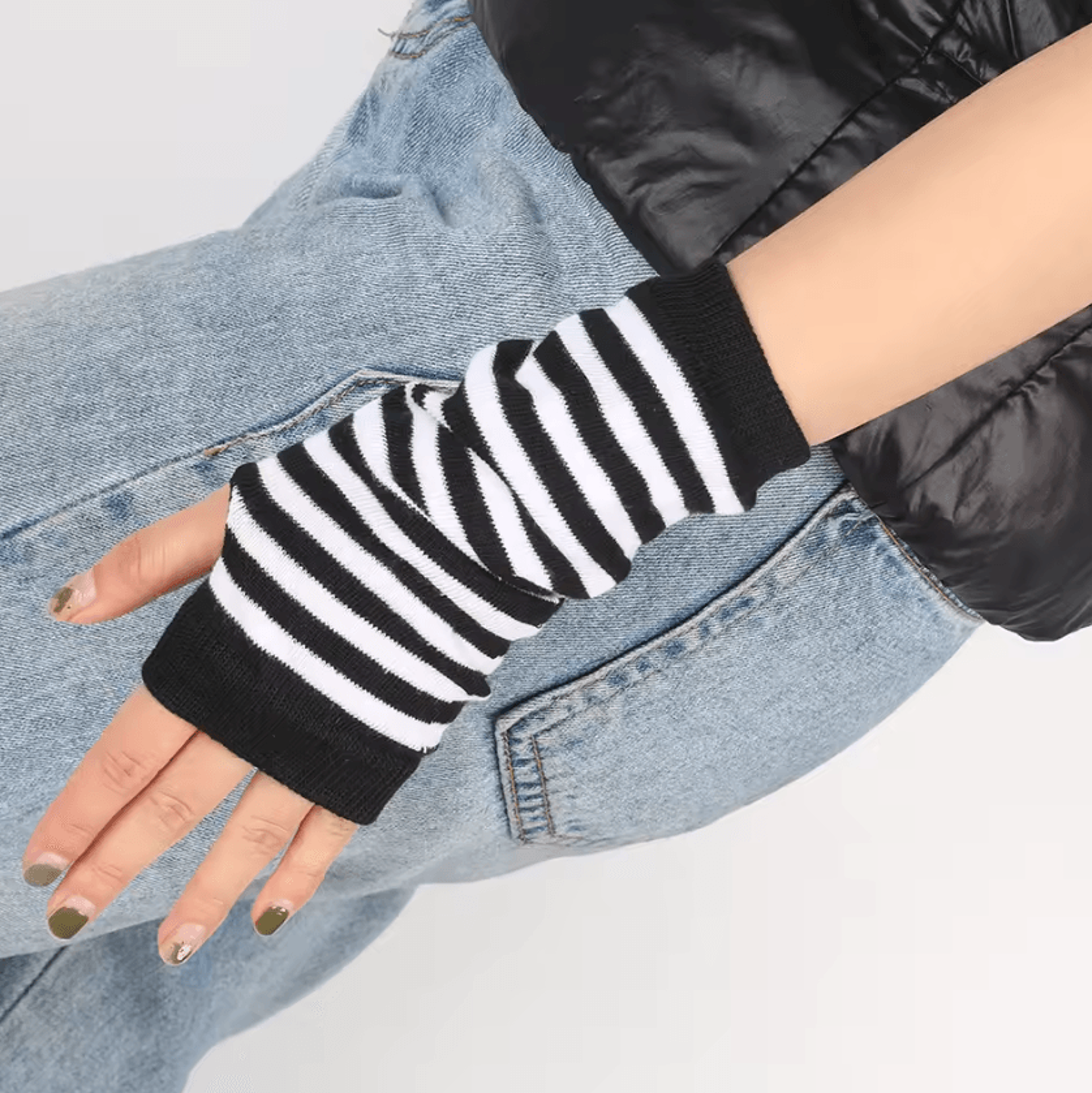 striped knit arm warmers – fingerless cosplay punk gloves for women & kids