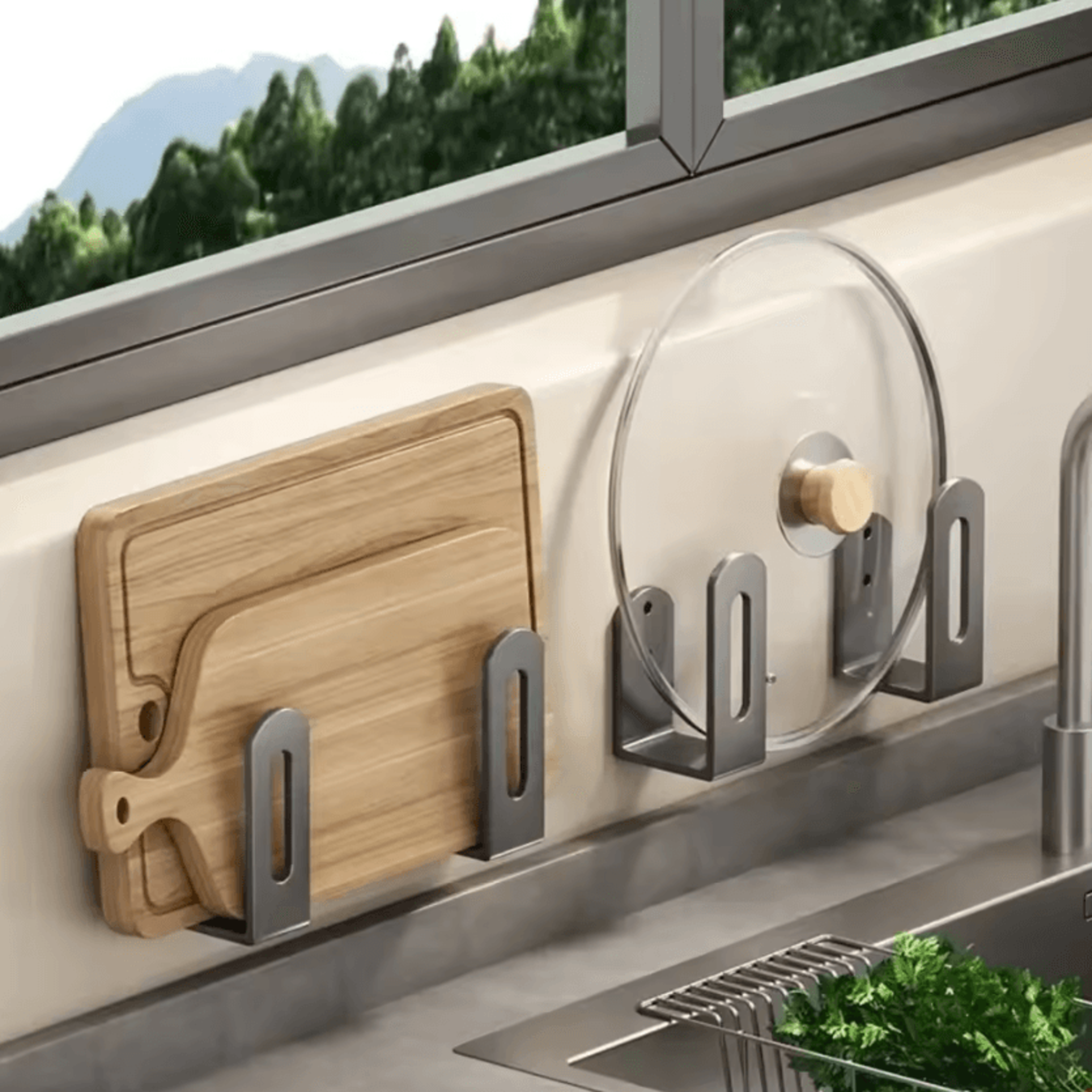 2-piece wall-mounted pot lid & cutting board organizer rack