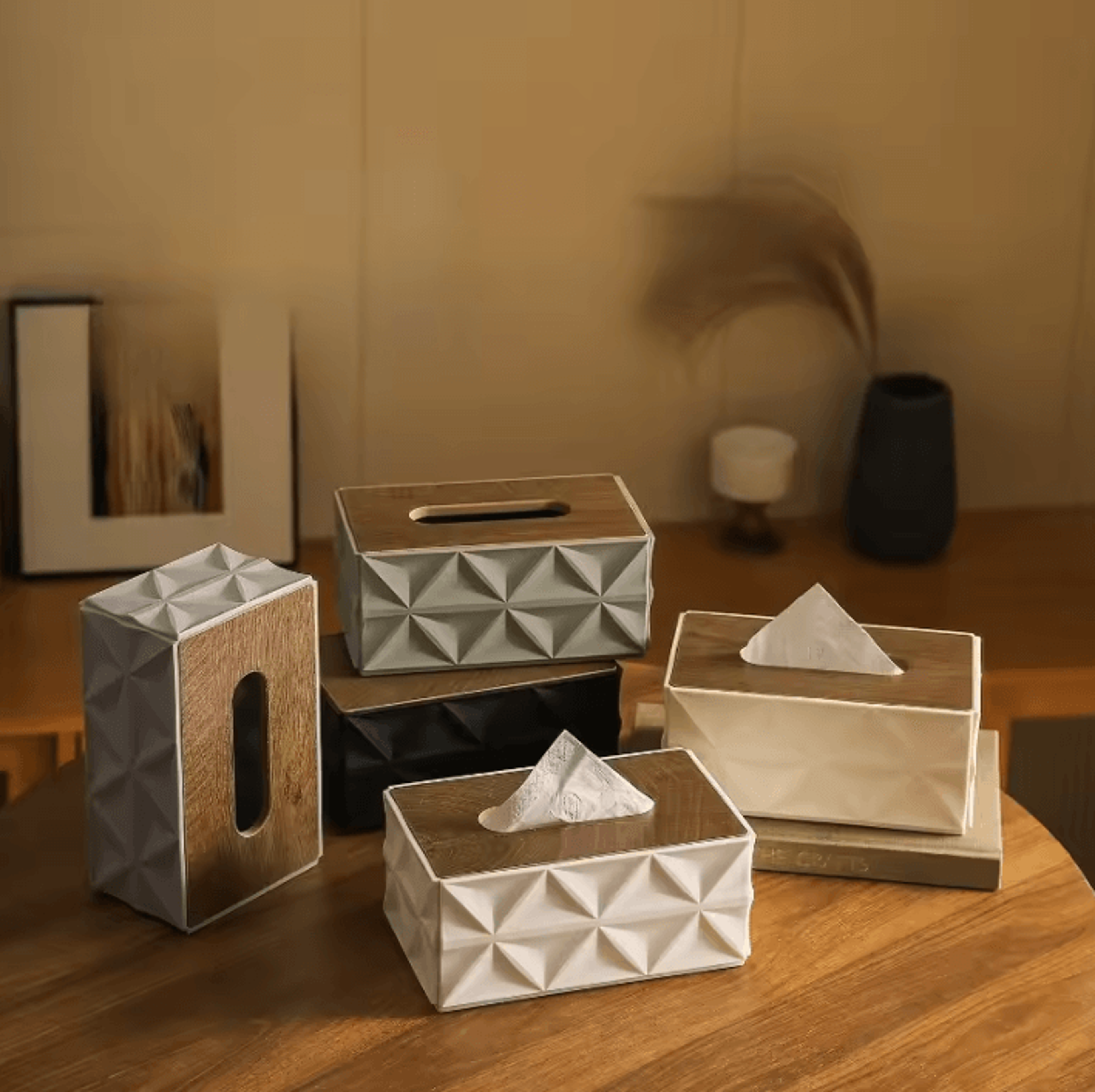 minimalist ripple tissue box organizer with wooden lid