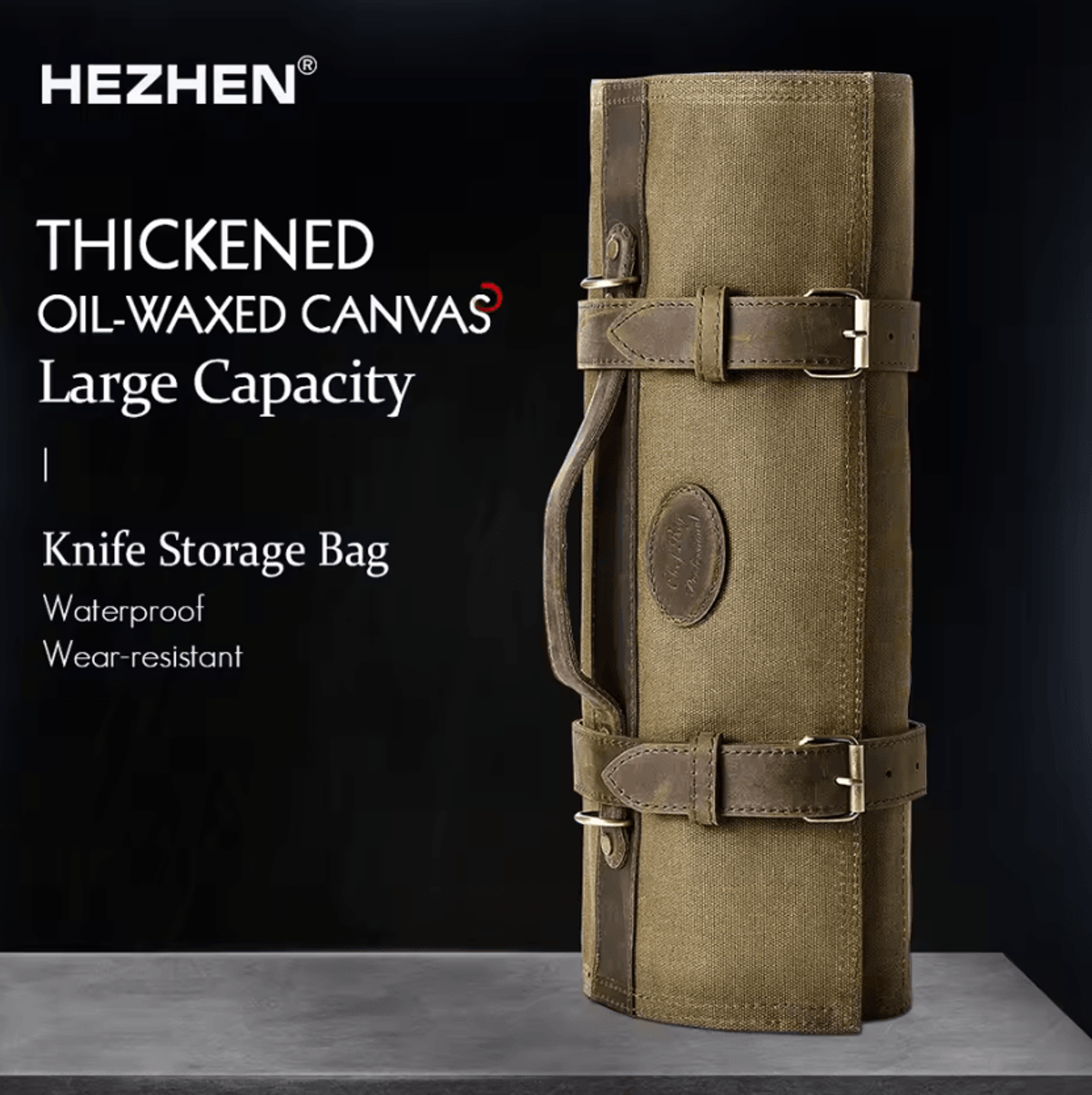 hezhen waxed canvas chef knife roll bag with leather straps