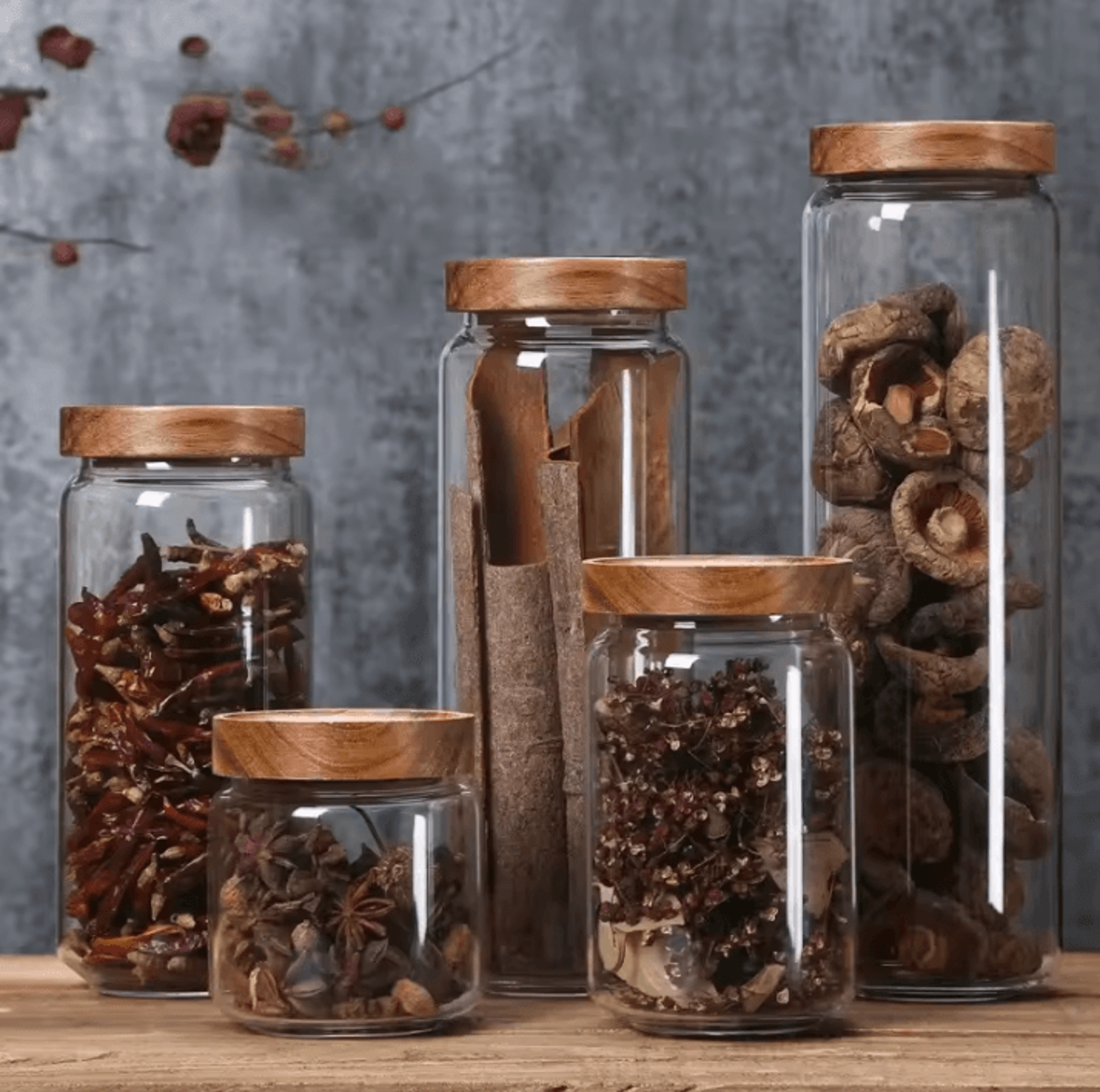 airtight glass food storage jar set with wooden lid for kitchen organization