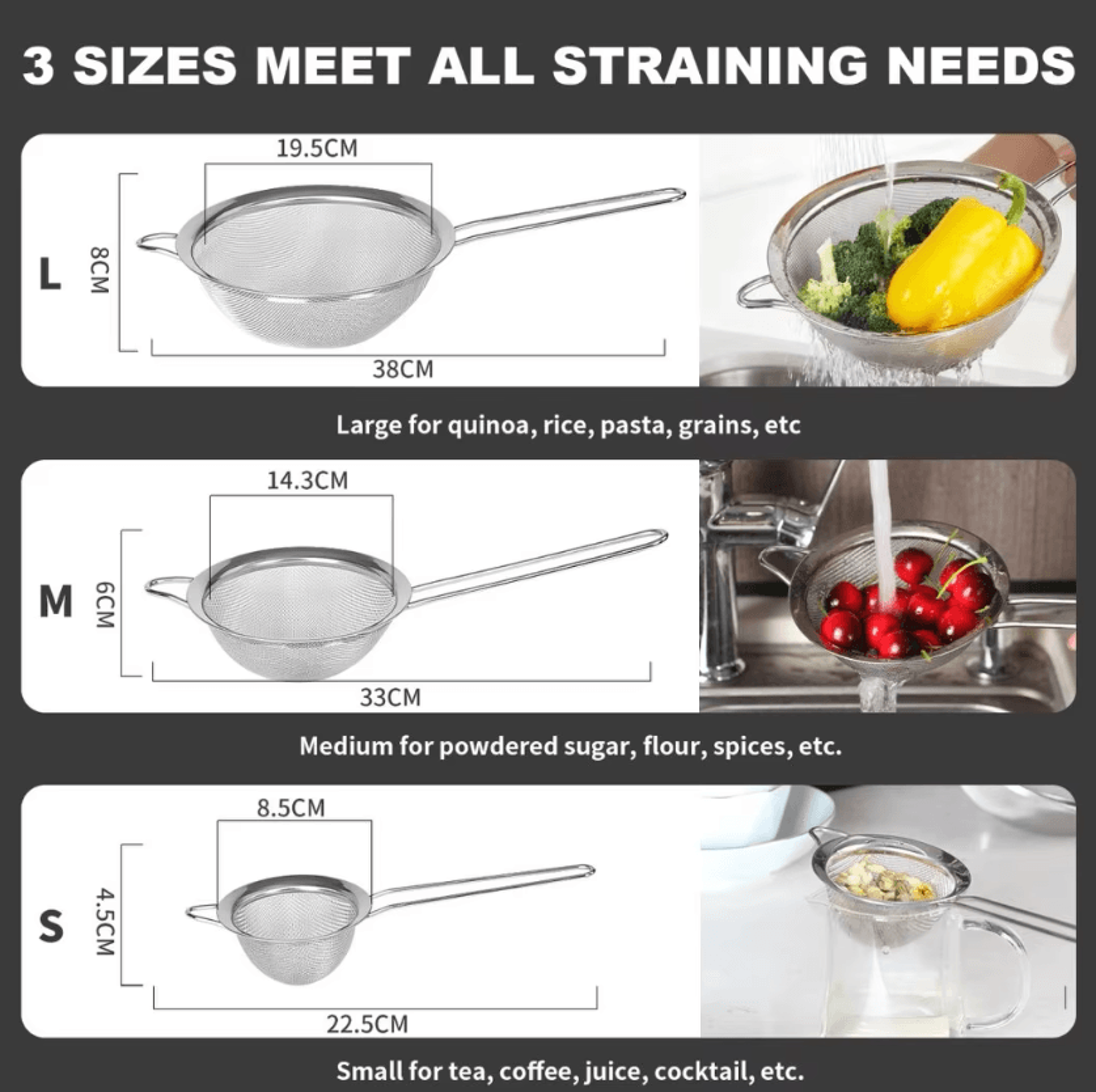 Stainless Steel Fine Mesh Flour Sifter Set With Handles For Baking  Cooking 3