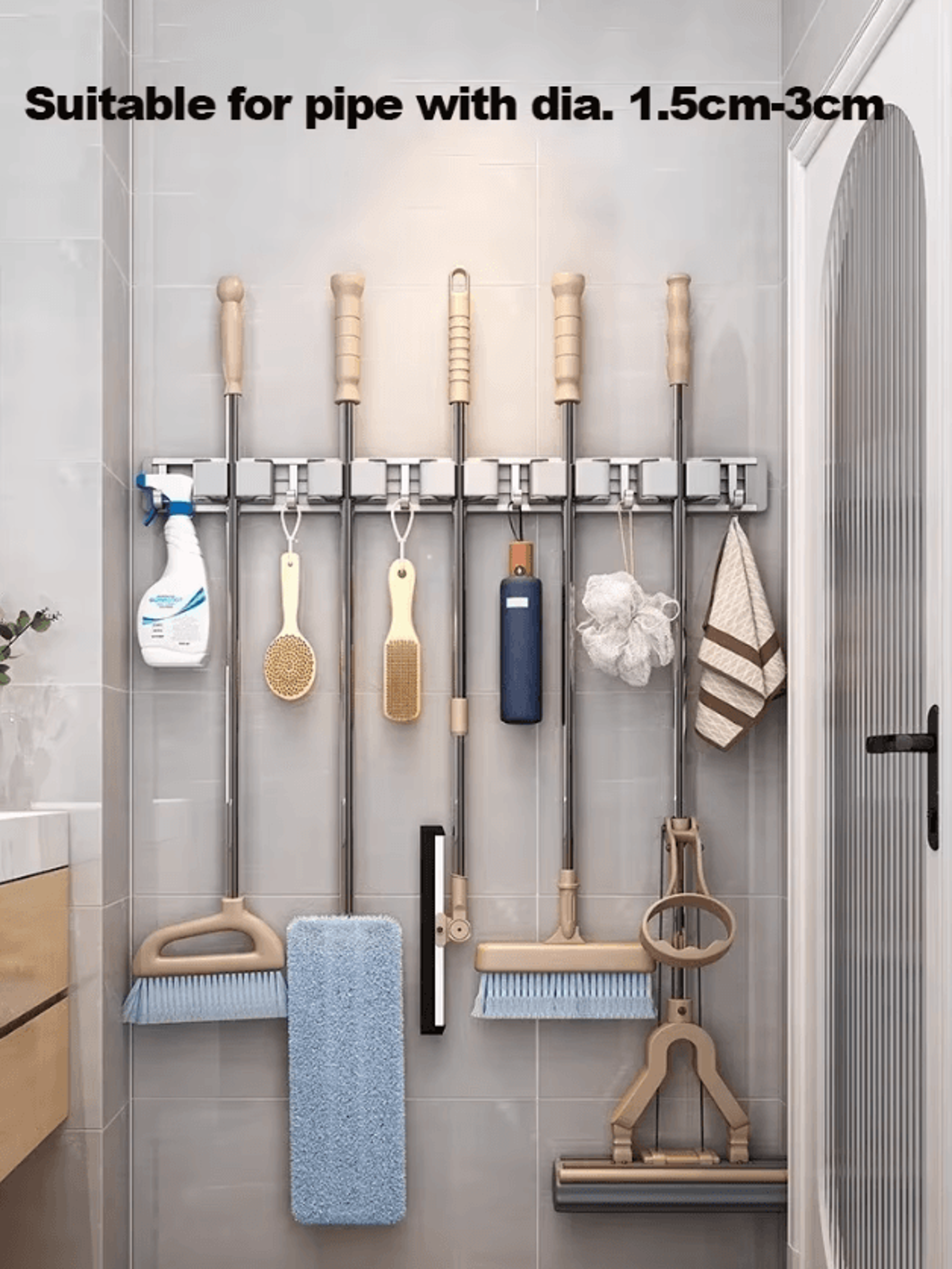 Wall Mounted Mop  Broom Holder Rack With 5 Hooks 2
