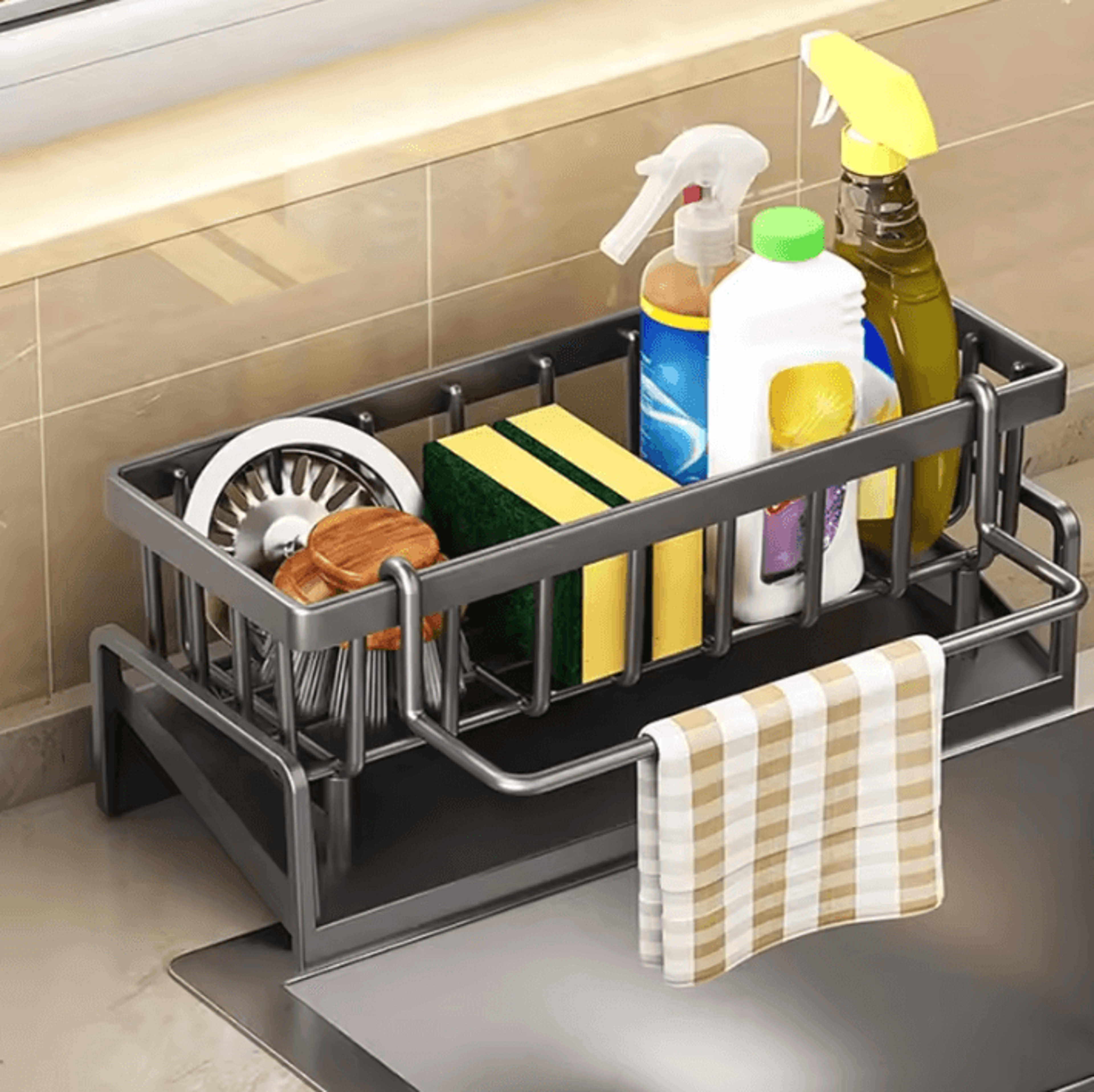carbon steel kitchen sink organizer with self-draining water tray