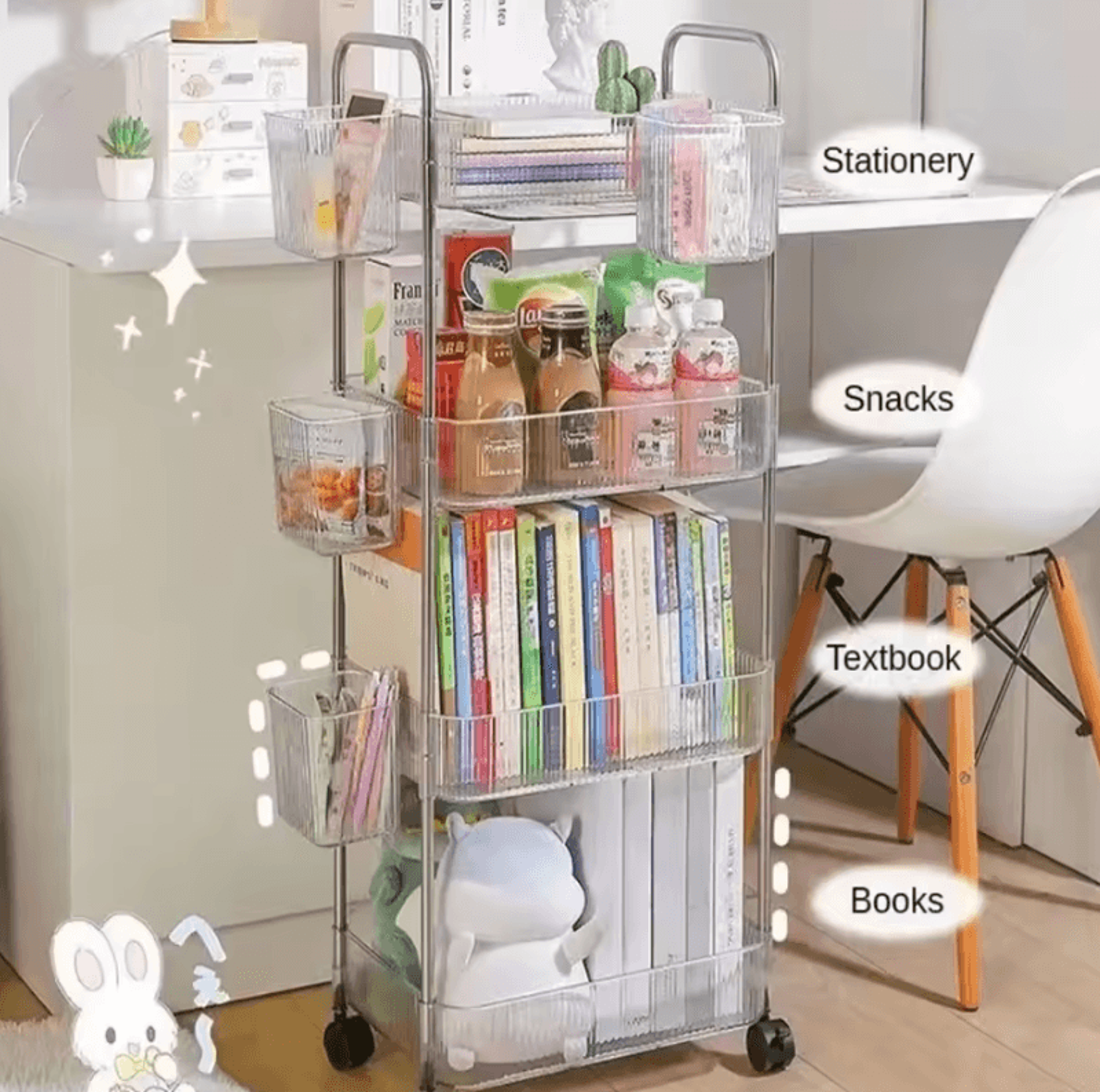 light luxury transparent acrylic rolling storage cart with hanging baskets