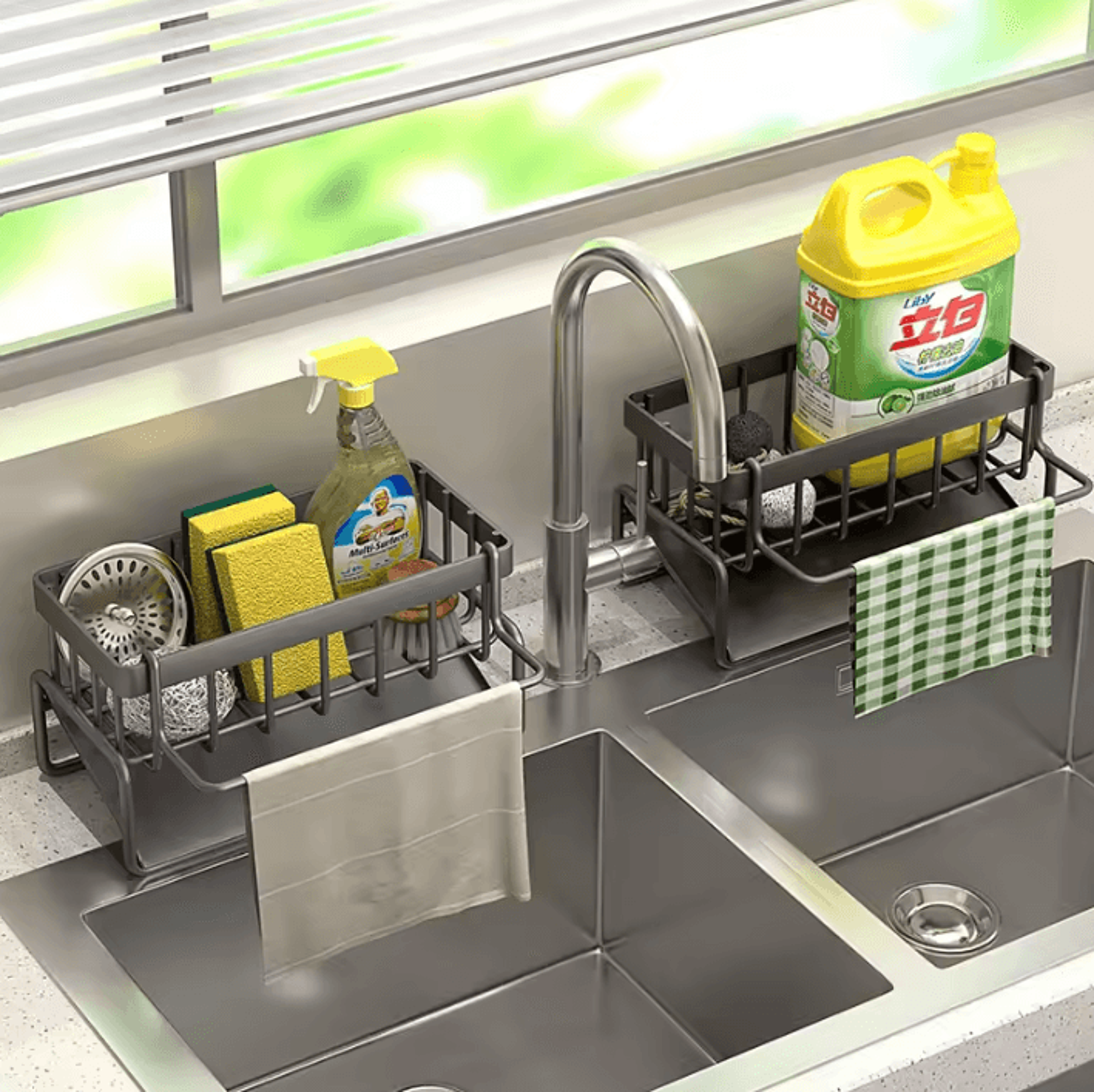 stainless steel kitchen sink organizer rack with sponge & towel holder