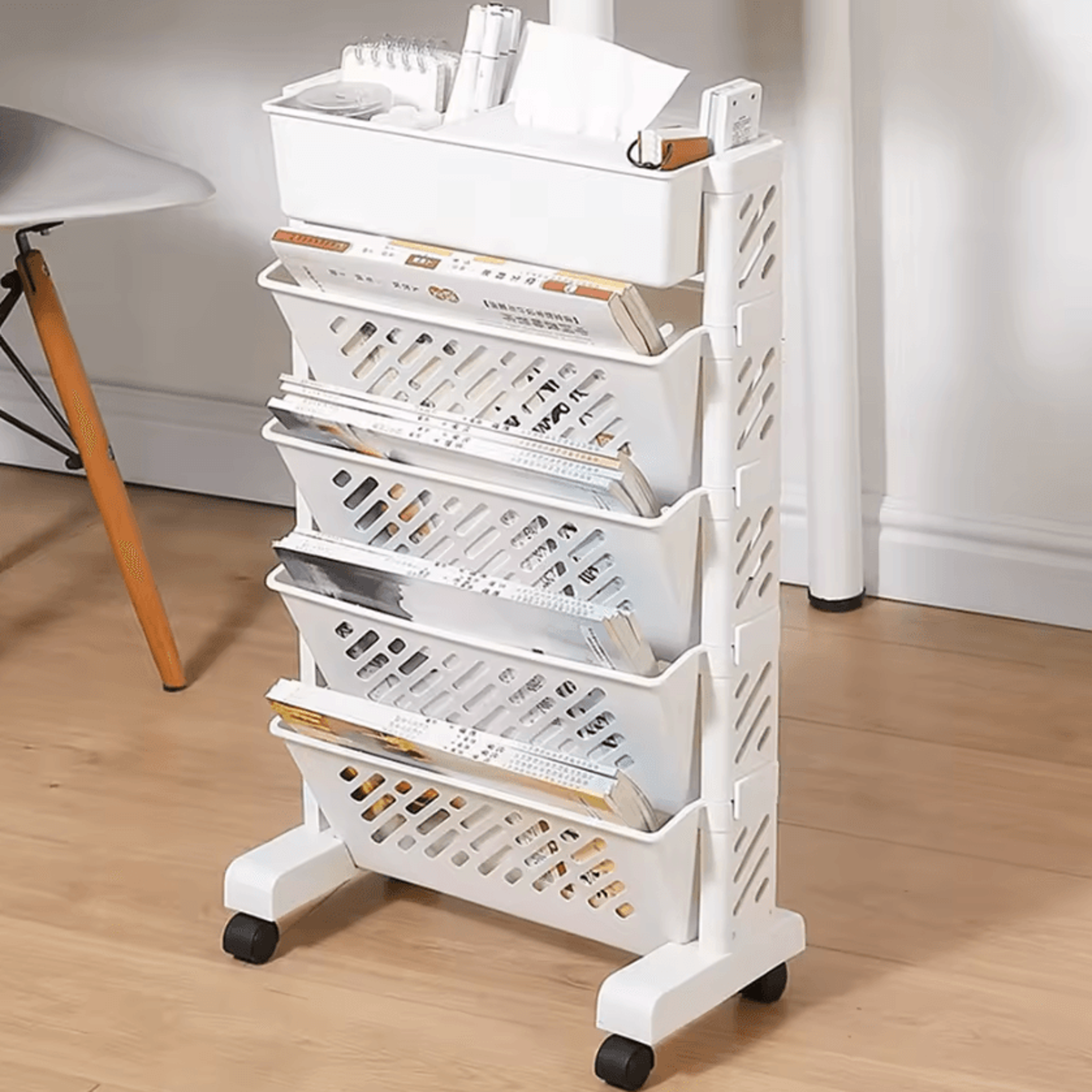 5Layer Rolling Bookshelf Organizer With Rotatable Storage Trolley 0