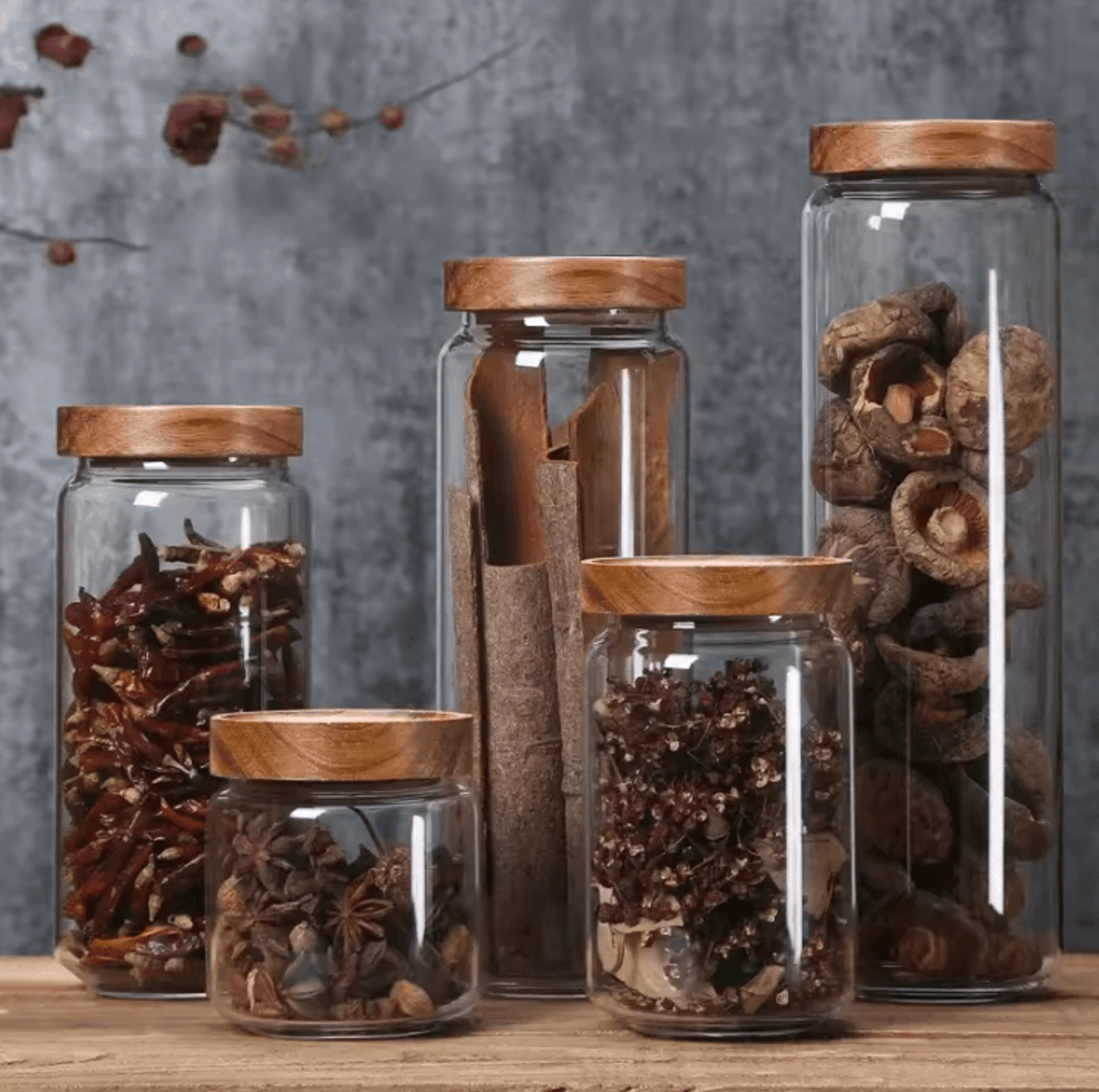 wood lid glass airtight storage jars for kitchen food organization