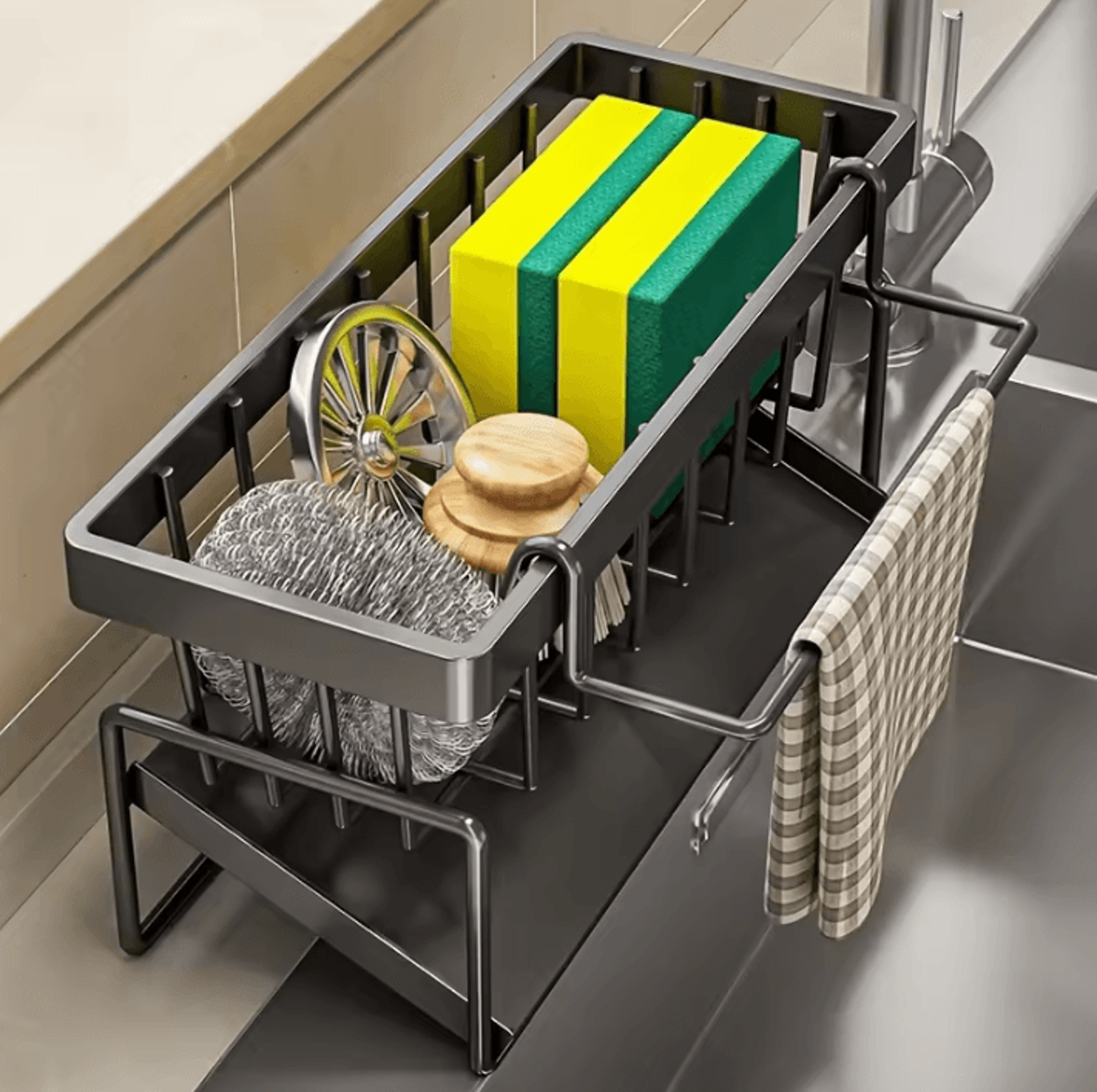 MultiFunction Sink Caddy Organizer With Drain Tray  Brush Holder 0