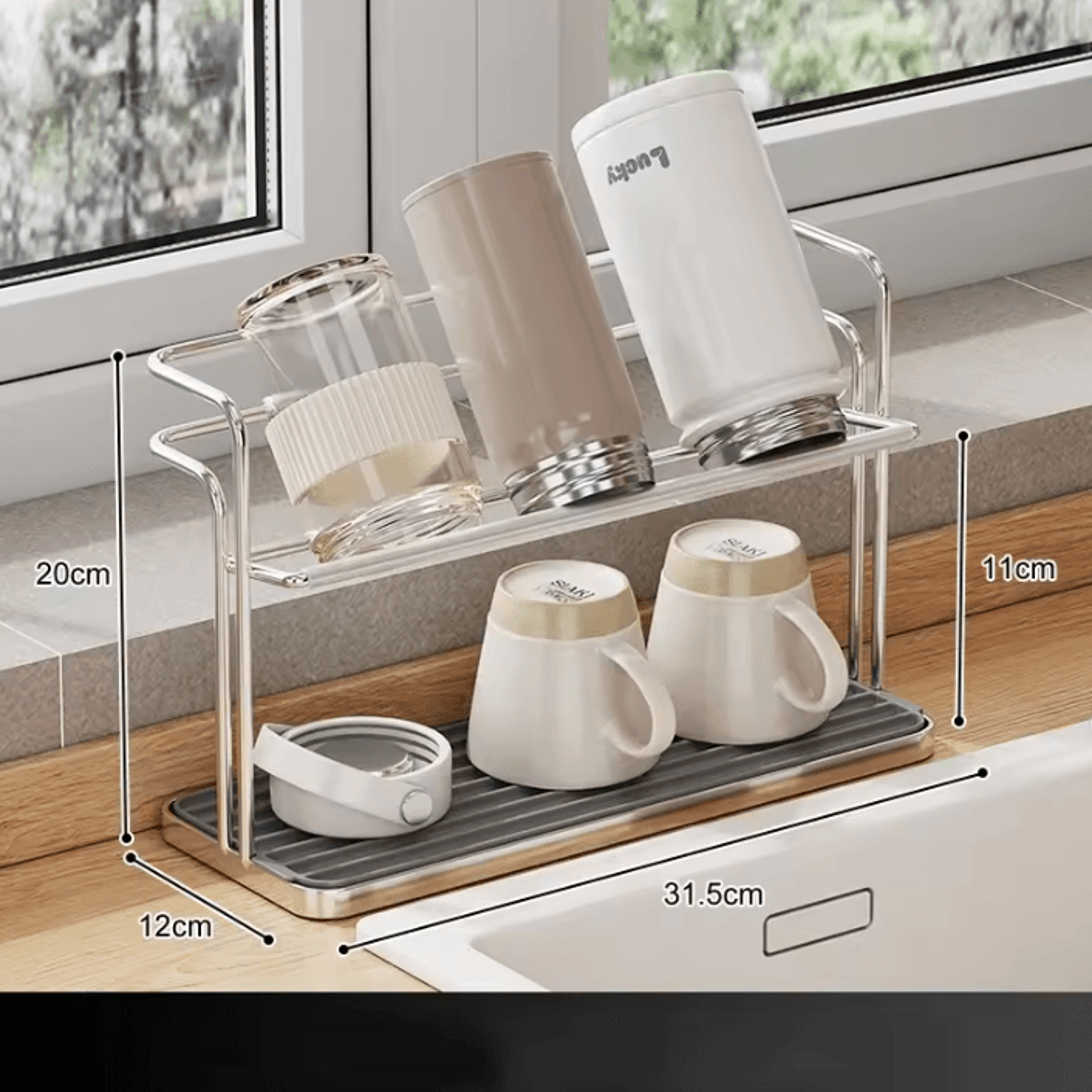 DryNest Stainless Steel Hanging Cup Rack  DoubleLayer UpsideDown Mug Organizer 4
