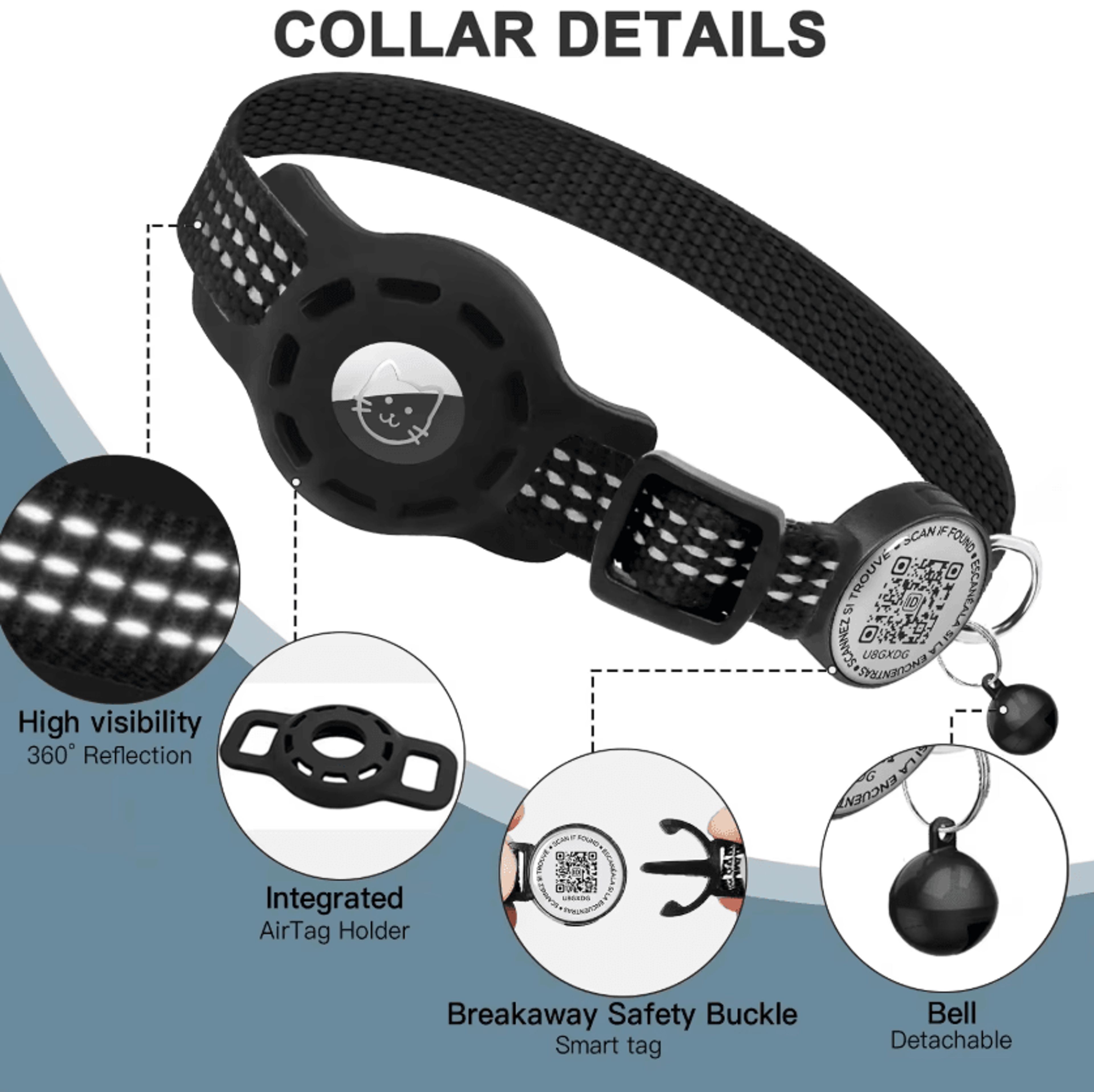 SafeTrack Reflective Cat GPS Collar With AirTag Holder  QR ID Tag 2