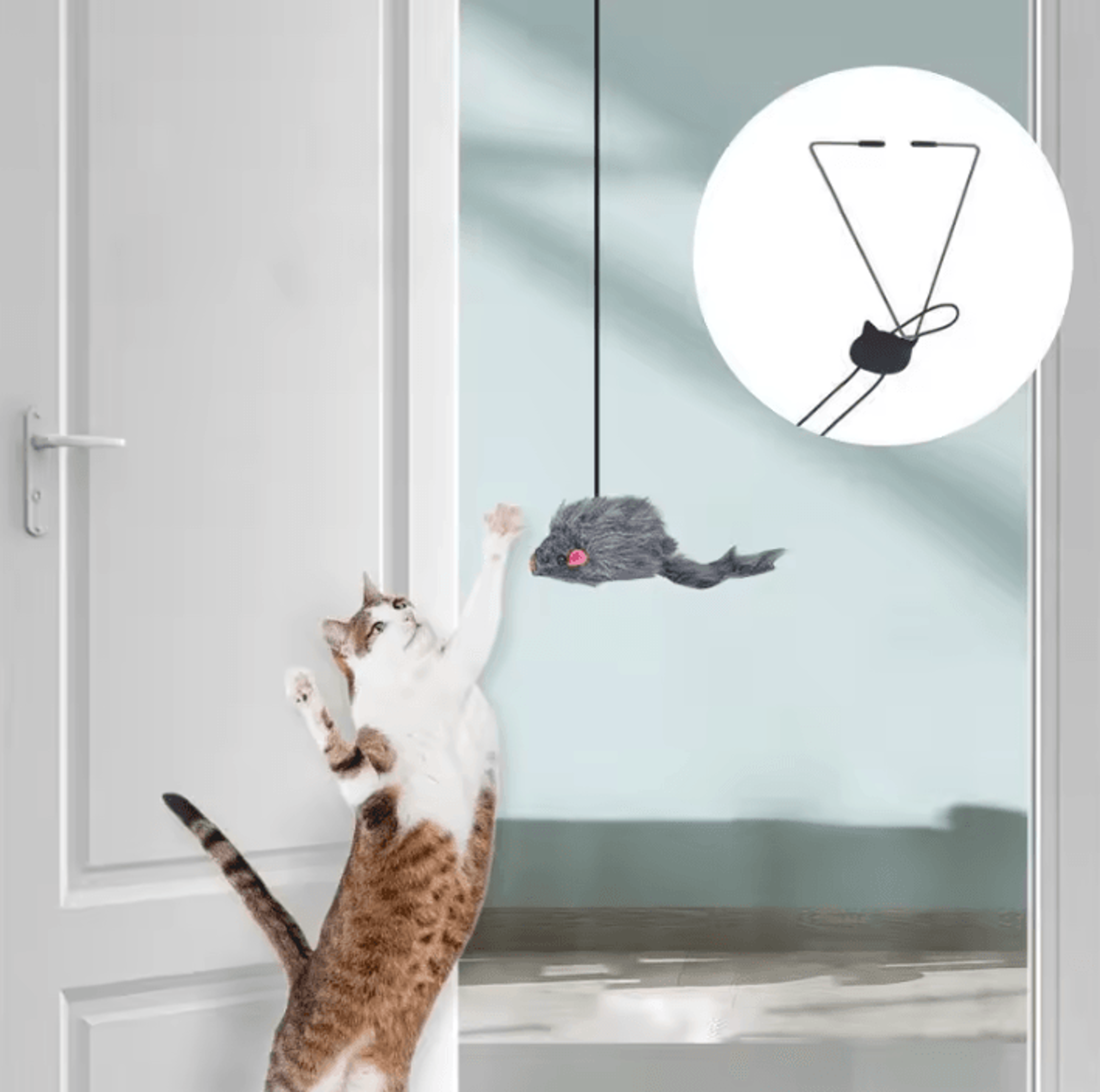 DoorPounce Interactive Hanging Cat Toy With Plush Mouse  Elastic Clip 0