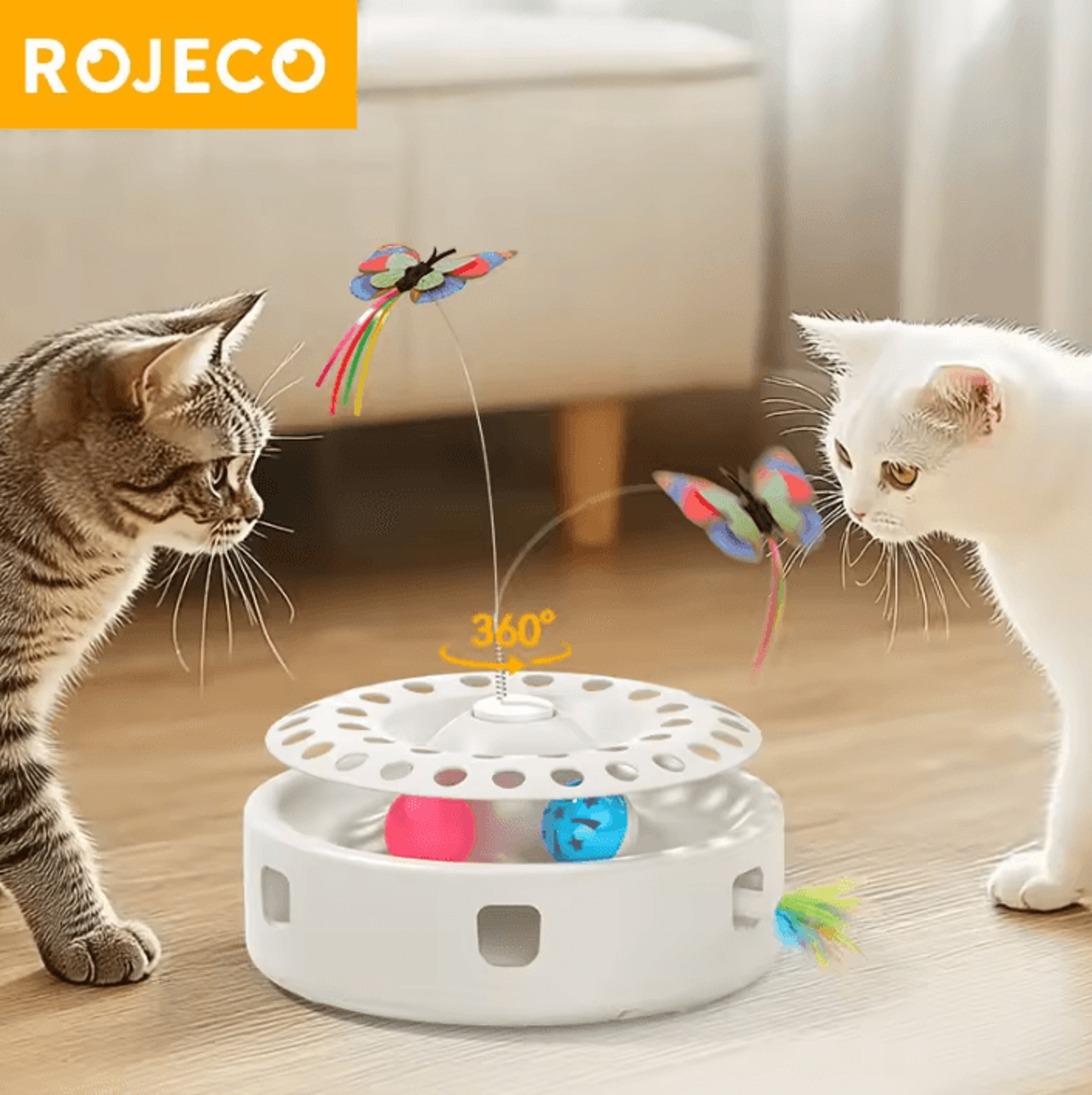 rojeco 3-in-1 automatic interactive cat toy with butterfly, feather & track balls
