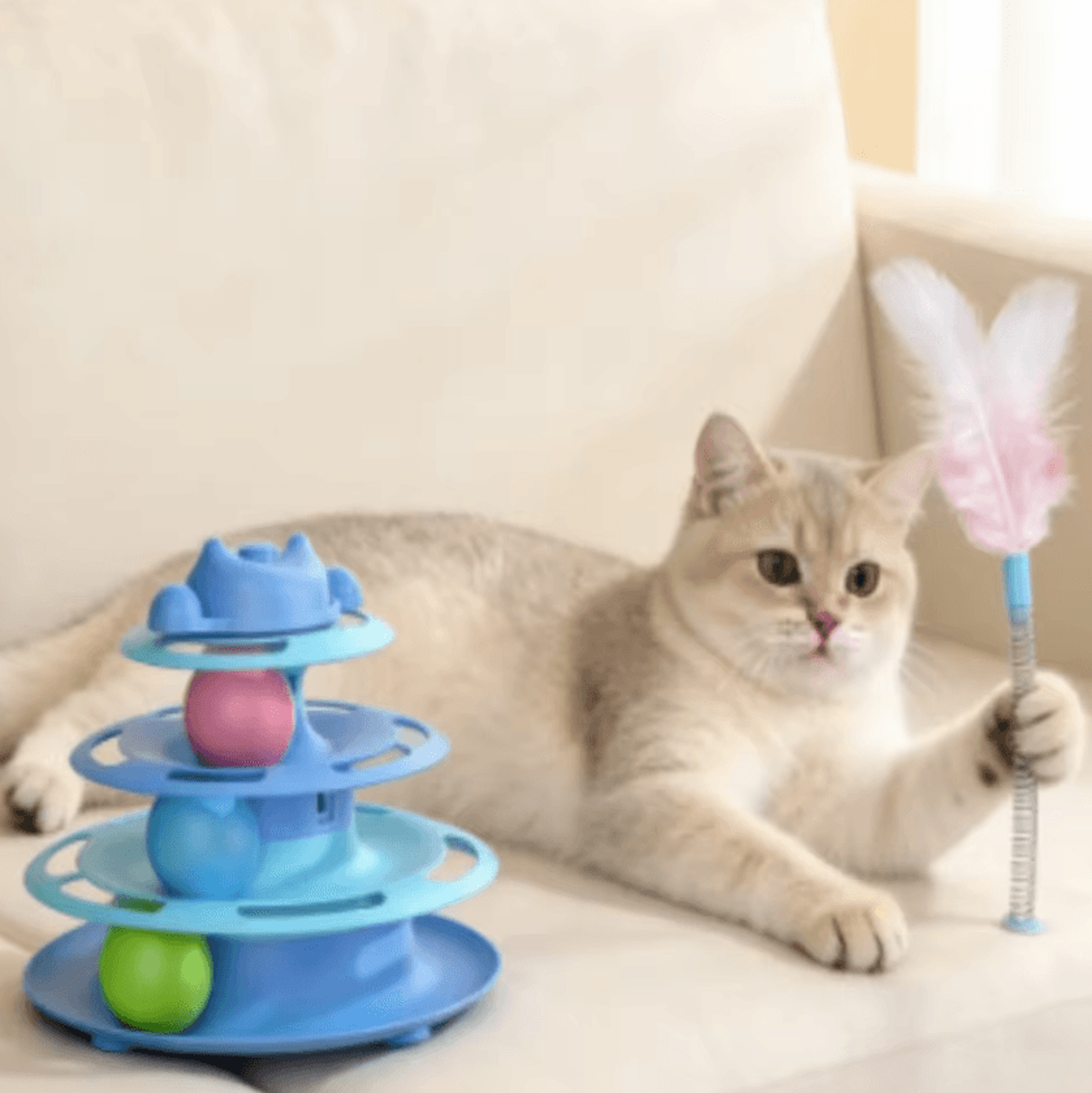 SpinPaws Interactive Cat Toy Tower With Rolling Balls  Feather 1
