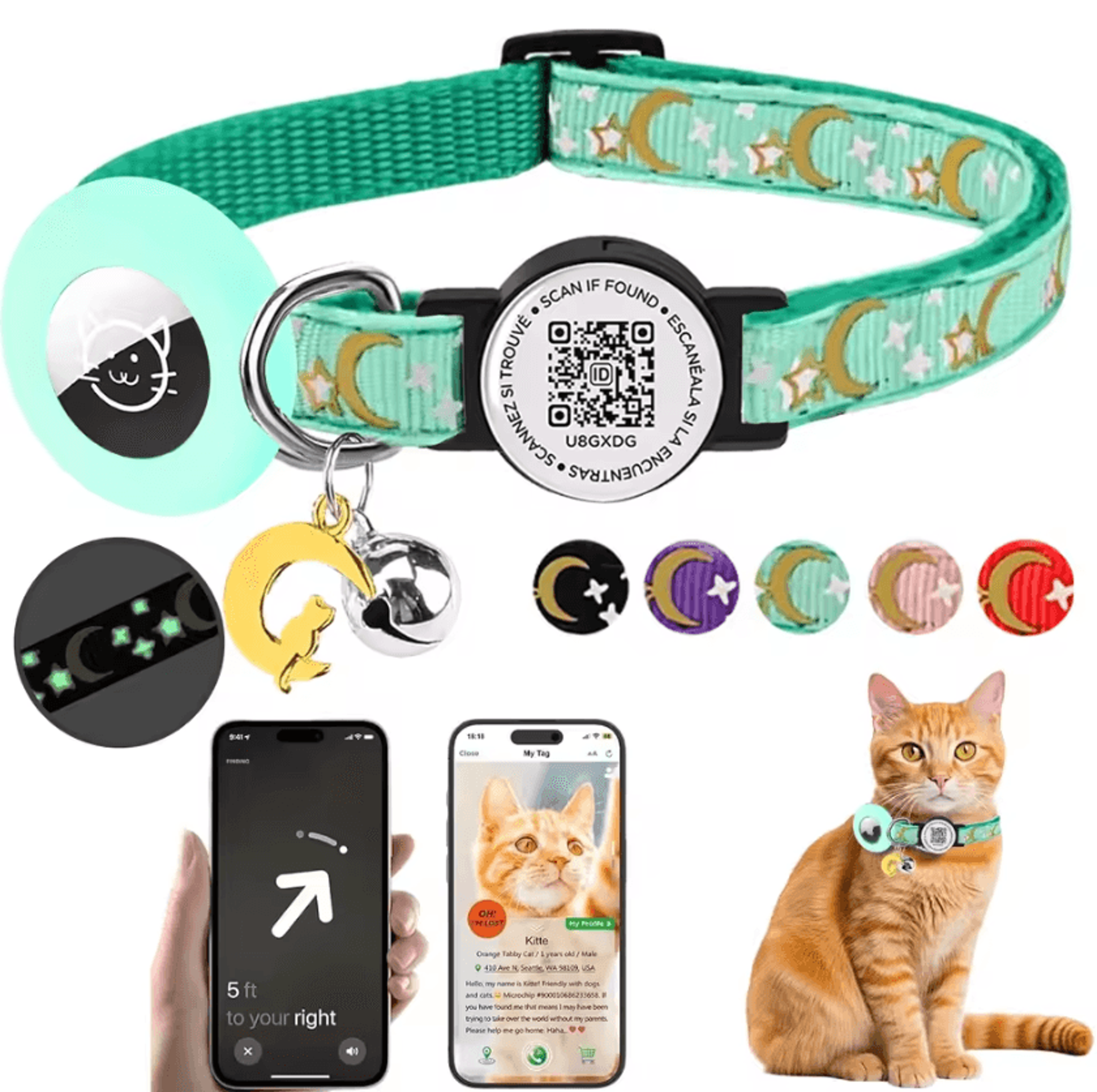 safetrack airtag pet collar with glow holder & qr tag