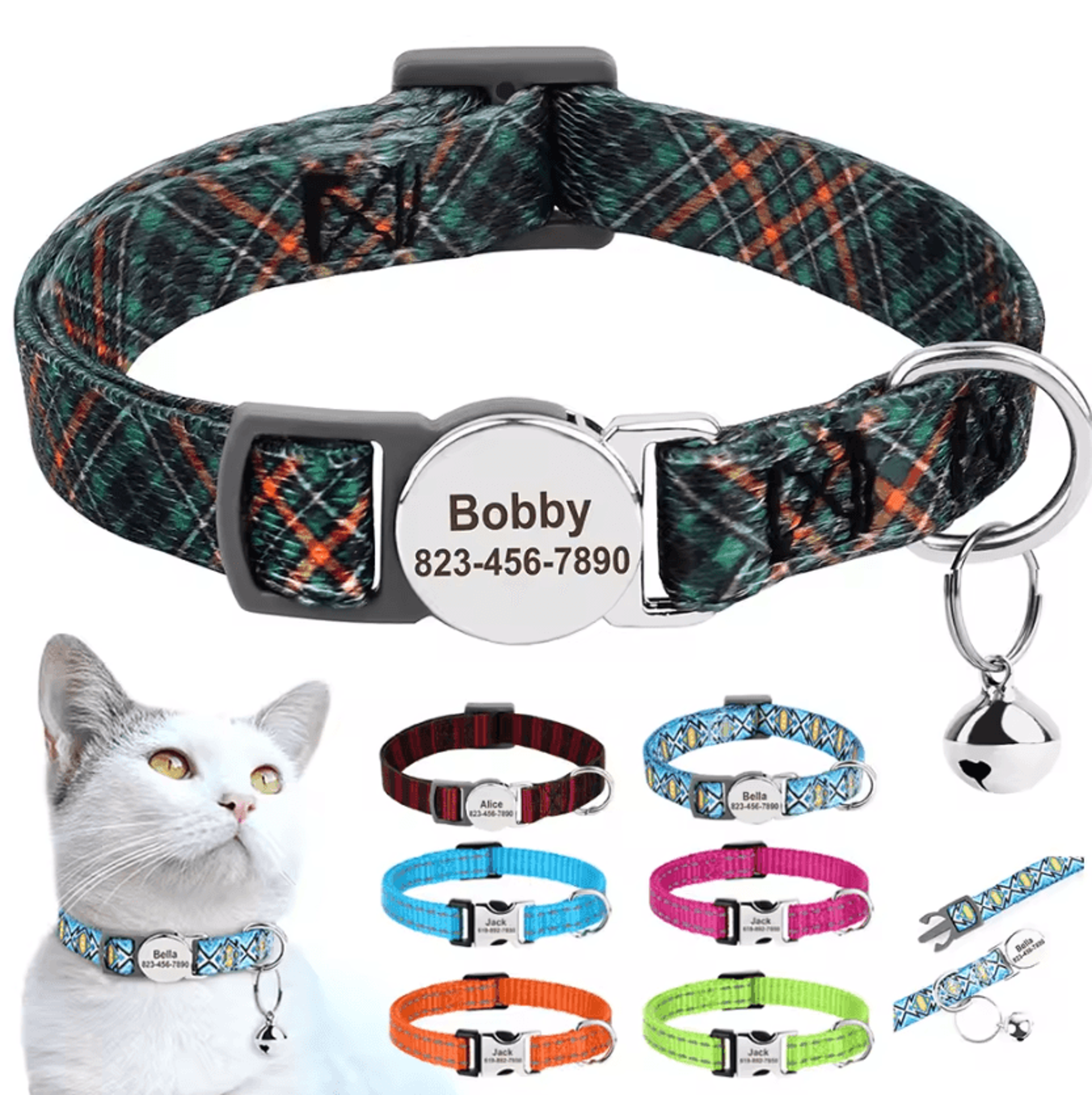 personalized anti-lost cat id collar with custom name tag & bell