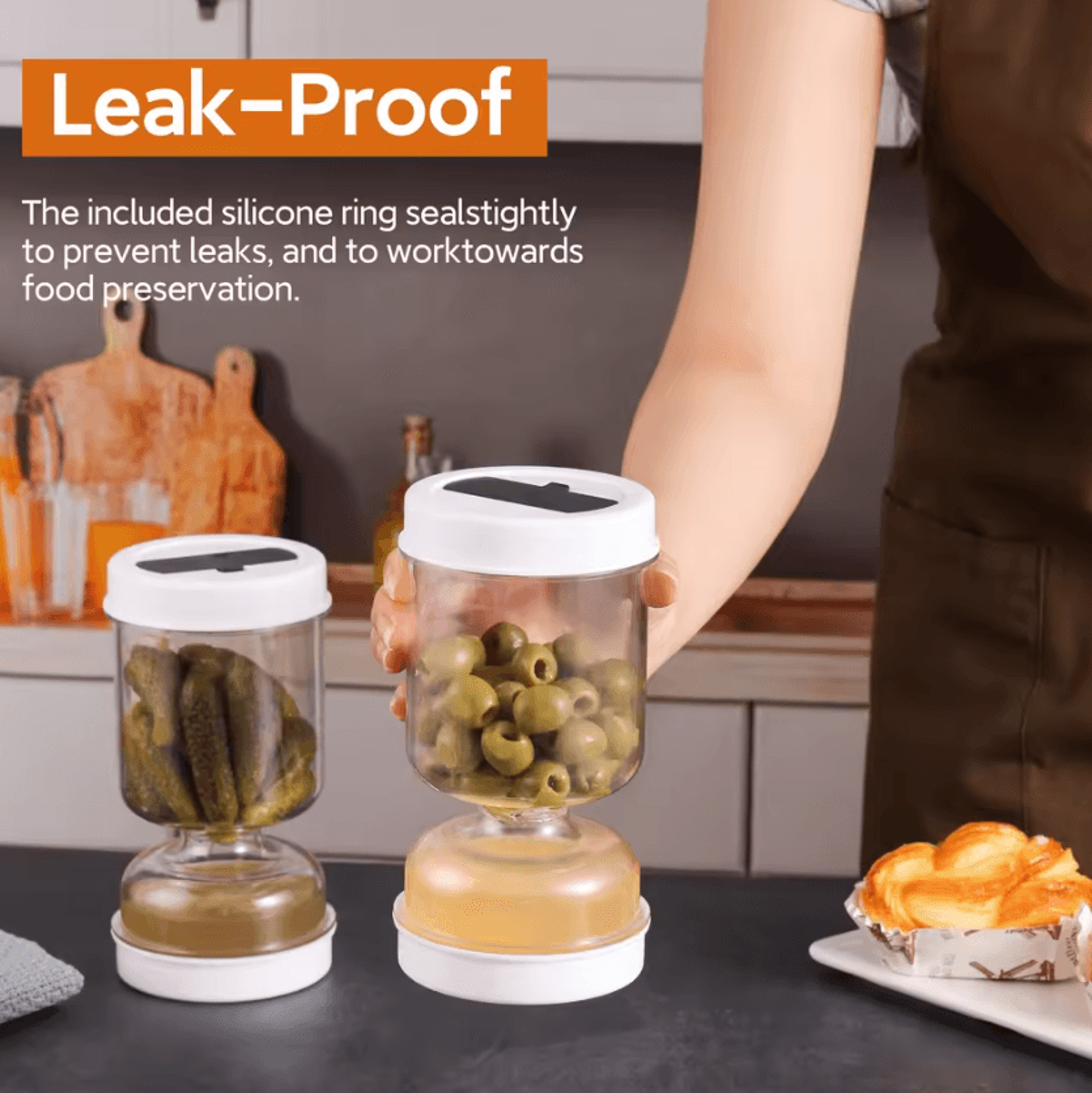 FlipFresh Olive  Pickle Strainer Storage Jar 1