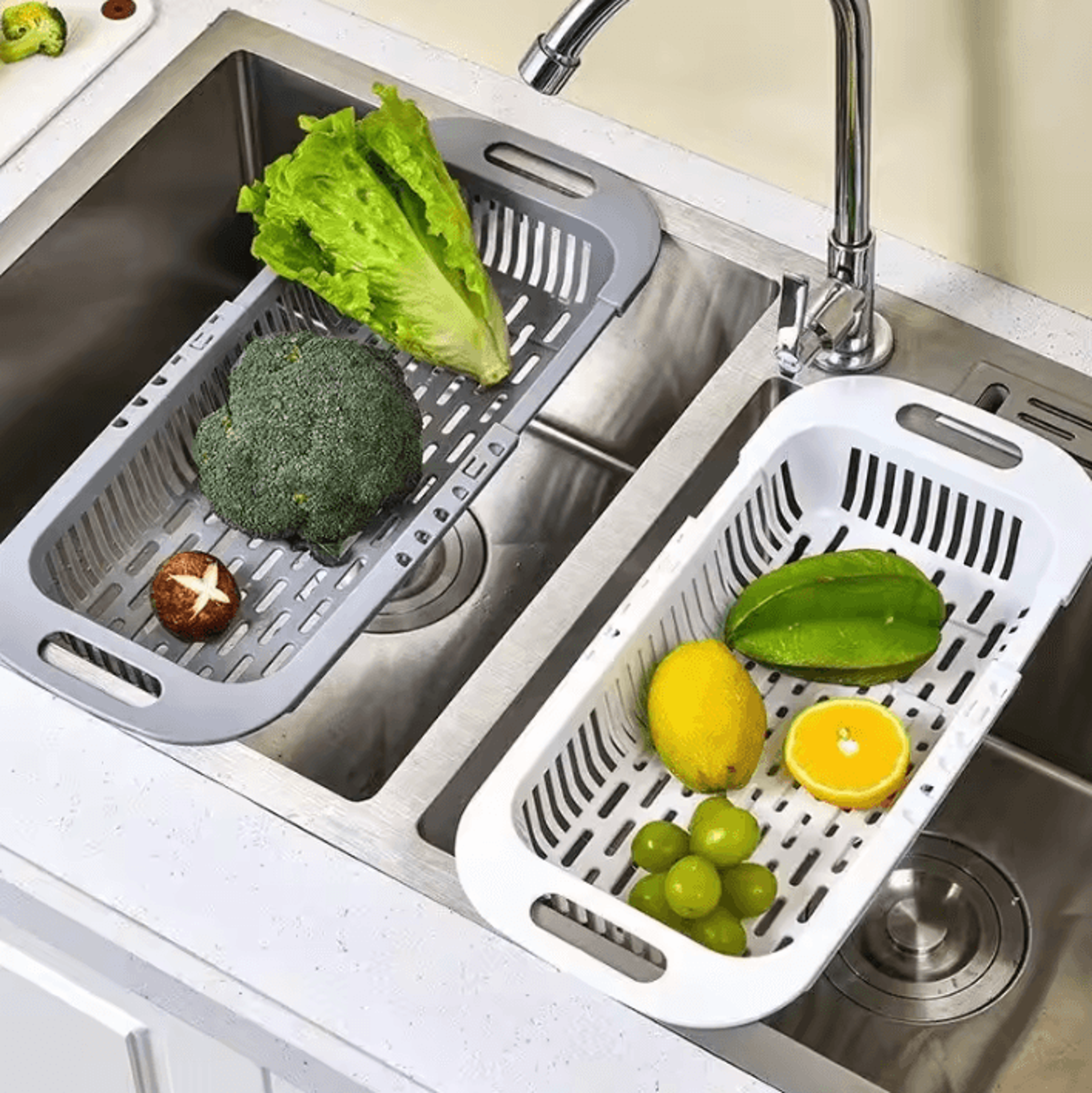 retractable sink drain rack & vegetable washing basket organizer
