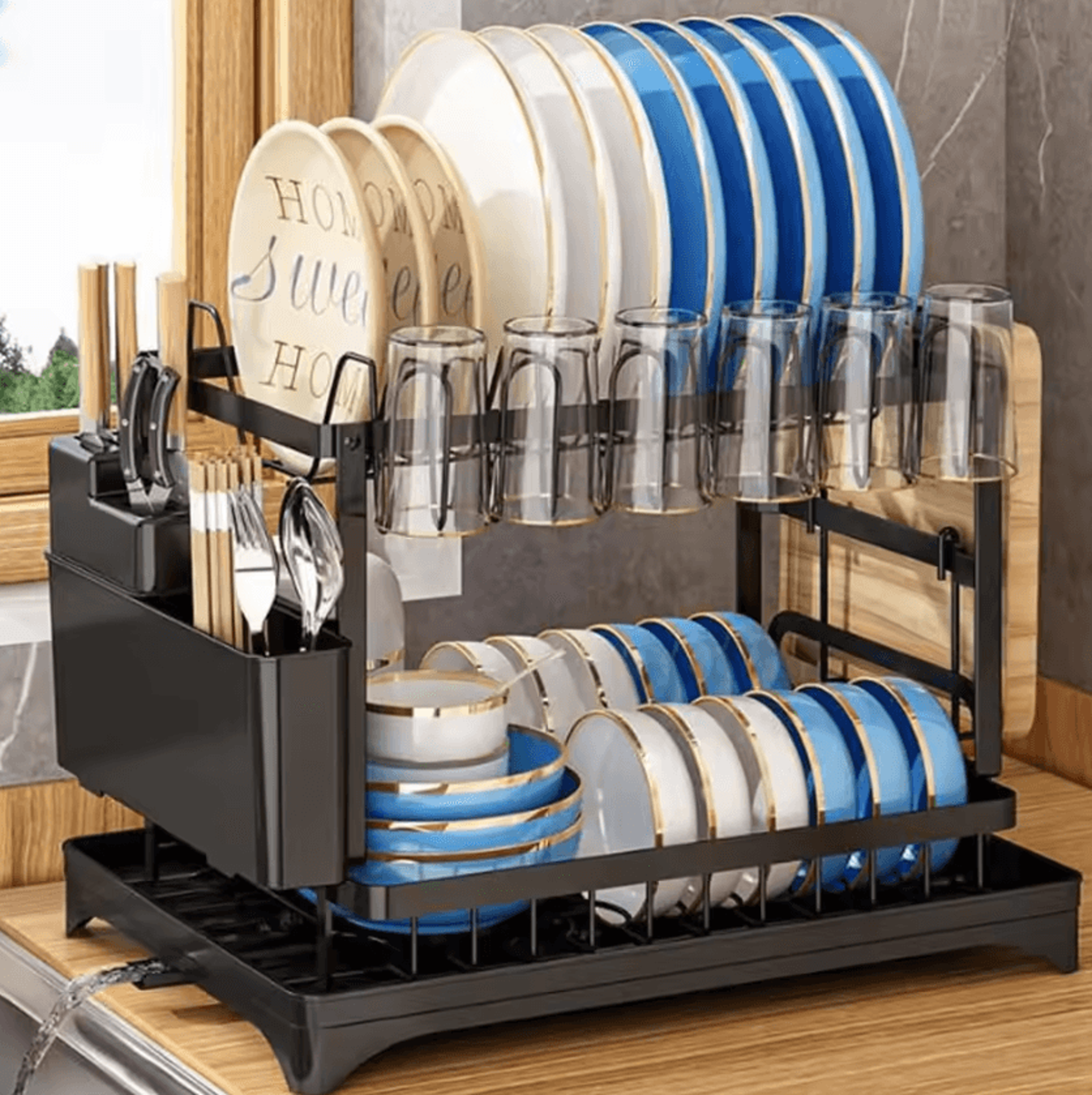 2Tier Dish Drying Rack With Drainboard For Kitchen Countertops 4