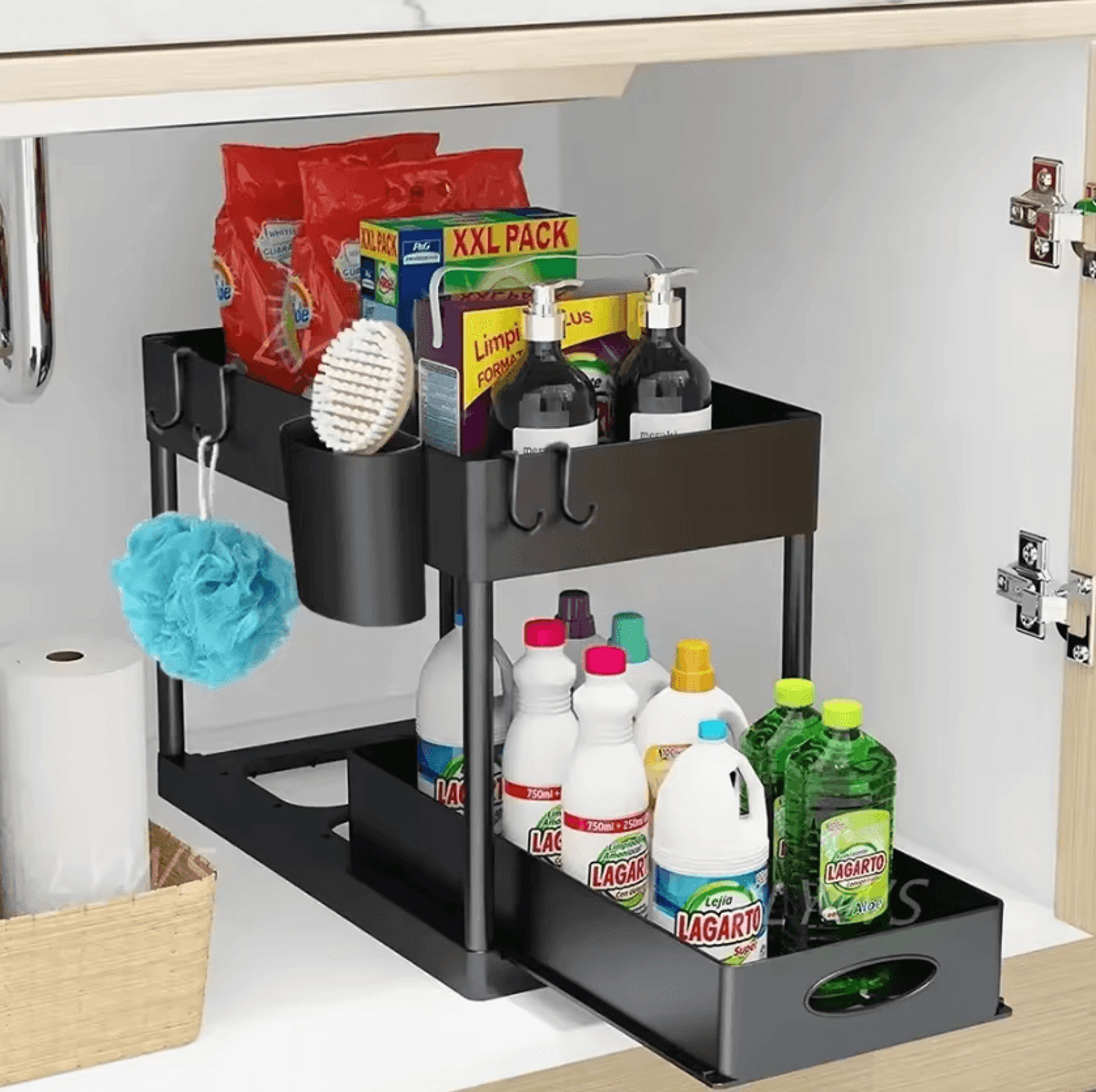 2Tier Sliding Under Sink Organizer With Hooks For Kitchen  Bathroom Storage 0